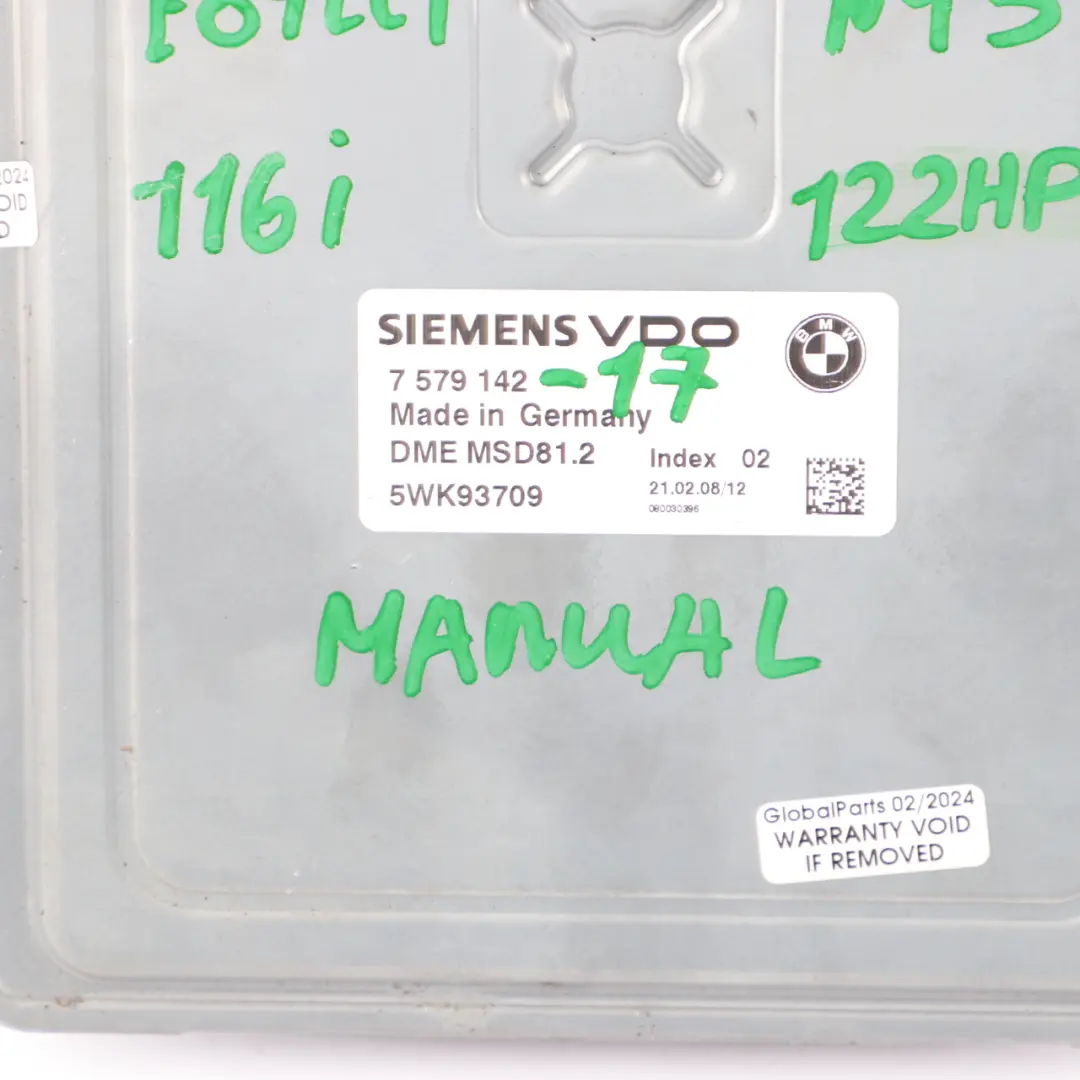 N43 122HP Unité Contrôle Moteur ECU DME Manual pour BMW E87 LCI 116i E90 316i à propos du numéro de pièce 7579142 BMW E87 LCI 116i E90 316i N43 122HP Unité Contrôle Moteur ECU DME Manual - SKU 7579142-17 - Numéro de pièce 7579142