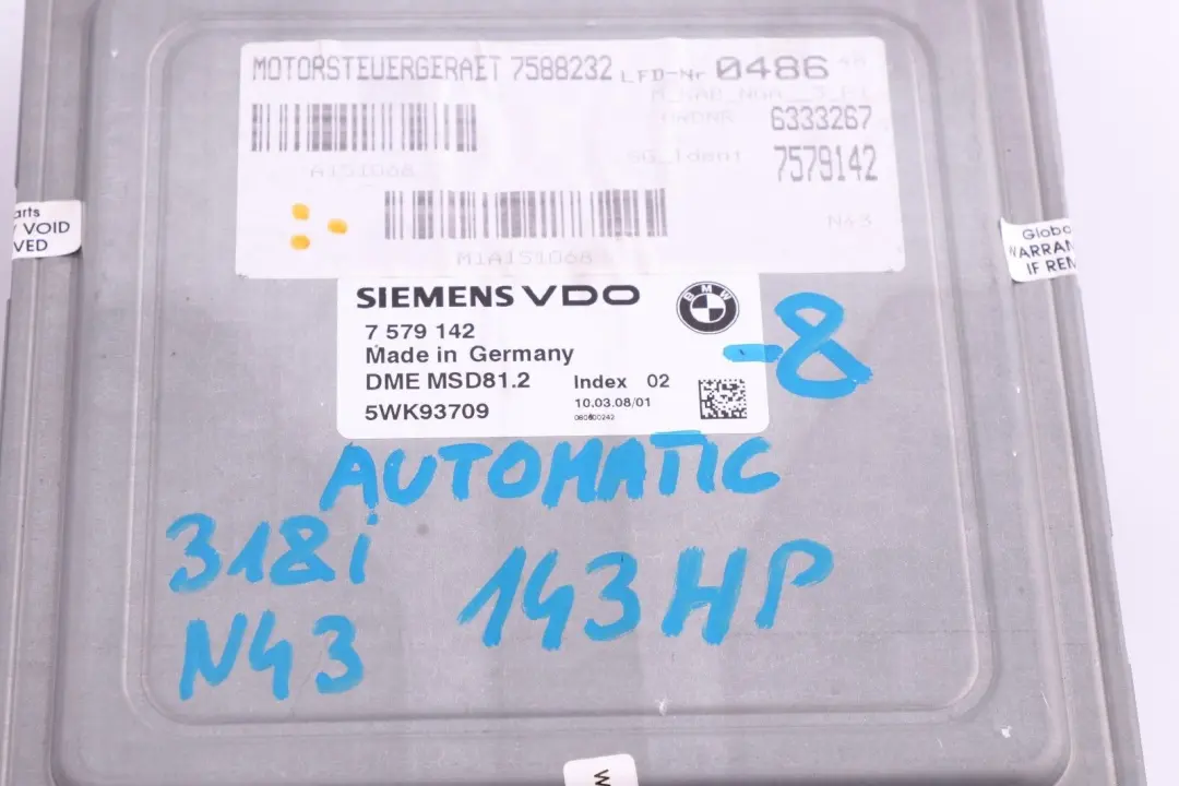 BMW 1 3 Series E87 LCI E90 318i N43 ECU KIT DME CAS3 2 Keys Automatic - SKU 7579142-8 - Part number 7579142