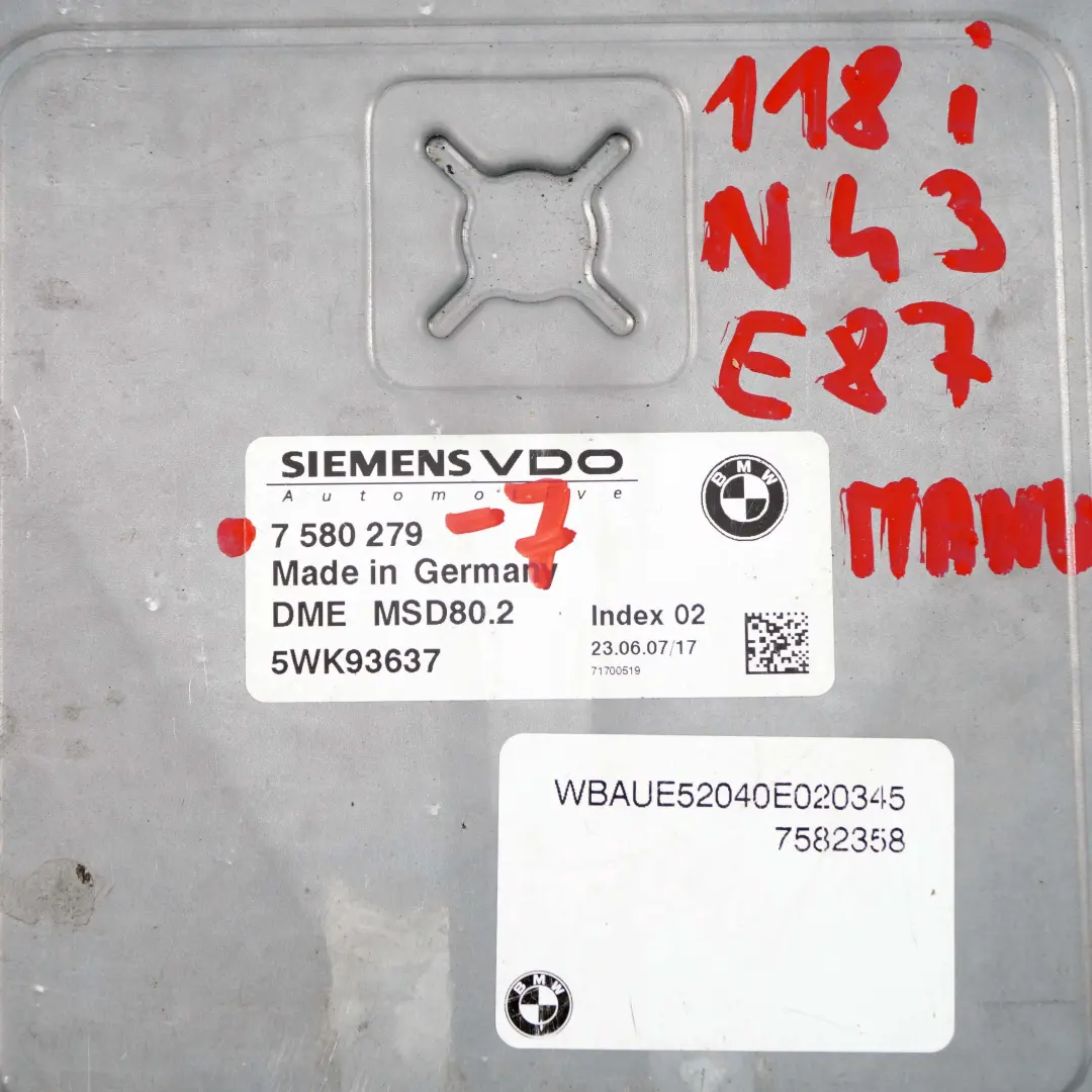 BMW E87 LCI E90 118i 318i N43 143HP ECU Engine Control Unit DME Manual - SKU 7580279-7 - Part number 7580279