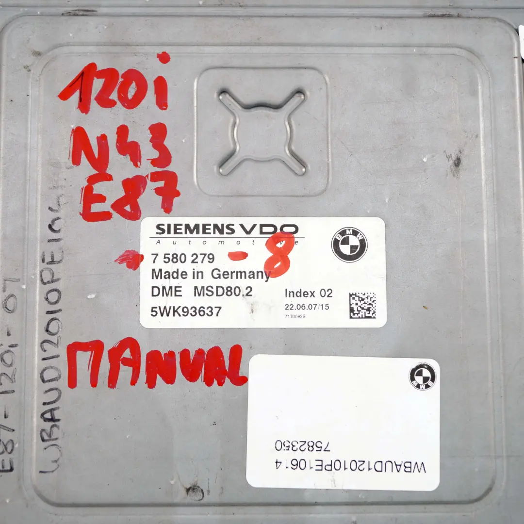 BMW E87 LCI E90 120i 320i N43 143HP ECU Engine Control Unit DME Manual - SKU 7580279-8 - Part number 7580279