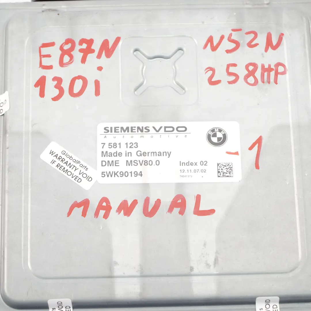 N52N 258HP Engine ECU Kit DME + CAS3 + Key Manual BMW E81 E87 LCI 130i - SKU 7581123-1 - Part number 7581123