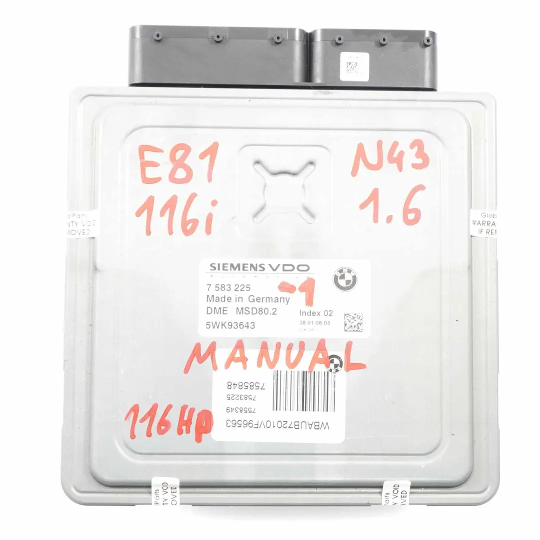 N43 ECU Kit DME CAS3 Key Manual to BMW E81 E87 LCI E90 116i 316i 1.6 with Part number 7583225 BMW E81 E87 LCI E90 116i 316i 1.6 N43 ECU Kit DME CAS3 Key Manual - SKU 7583225-1 - Part number 7583225