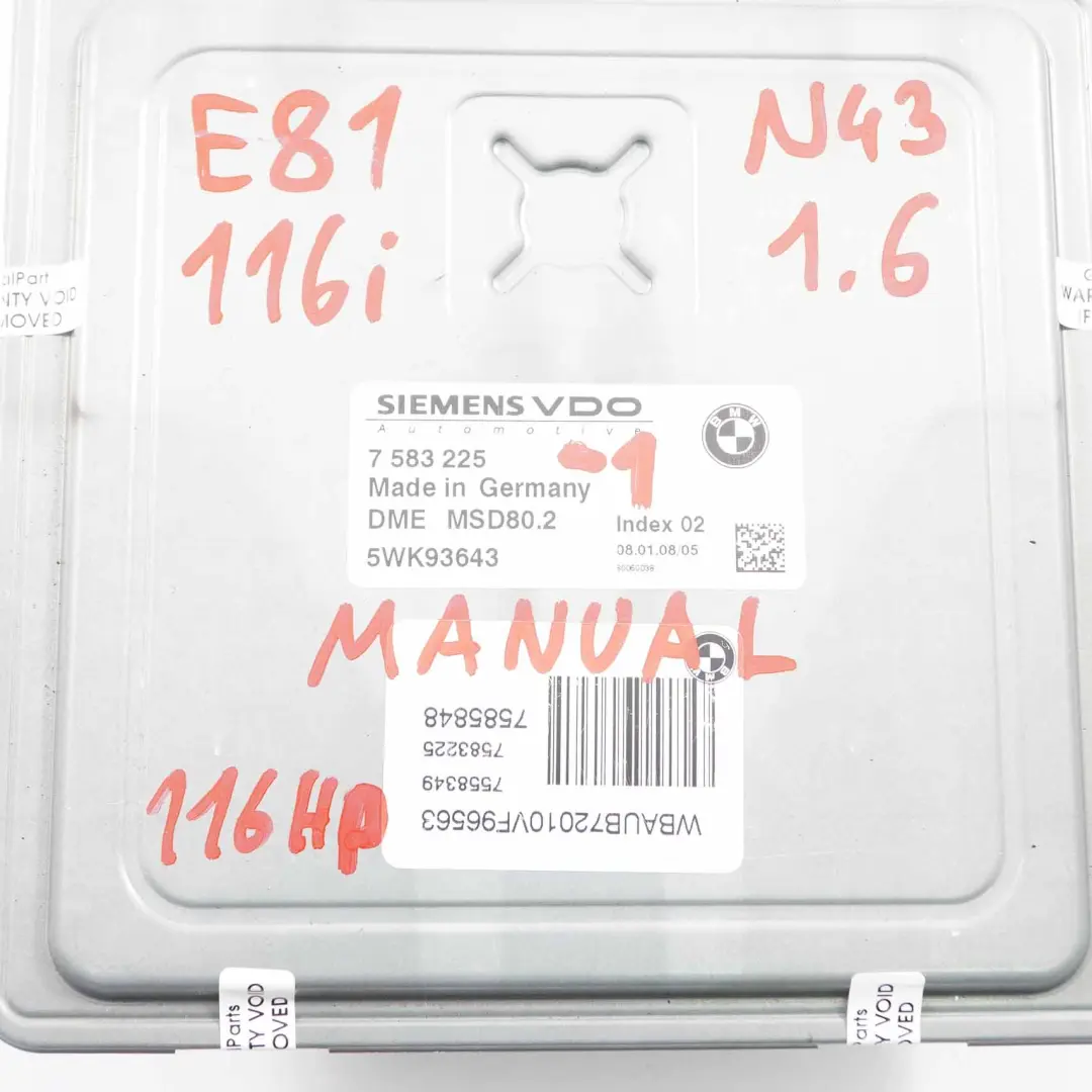 BMW E81 E87 LCI E90 116i 316i 1.6 N43 ECU Kit DME CAS3 Key Manual - SKU 7583225-1 - Part number 7583225