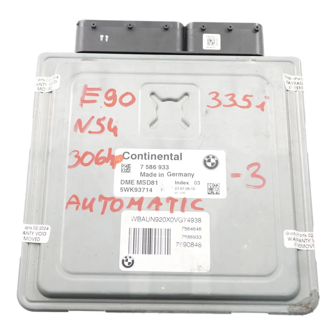 N54 306HP ECU Engine Unit Module DME Automatic BMW E90 E92 335i Petrol - SKU 7586933-3 - Part number 7586933
