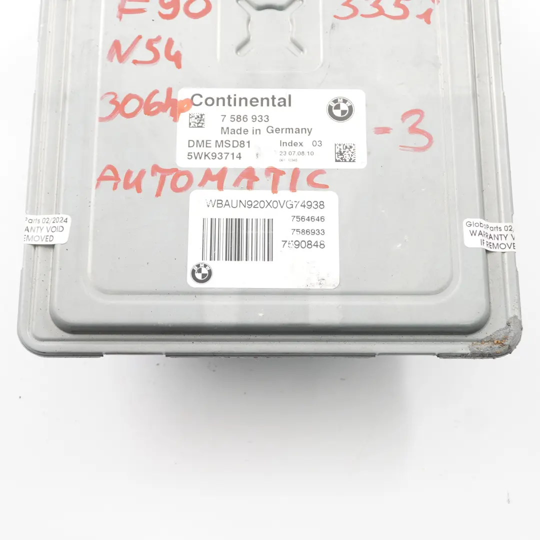 N54 306HP ECU Module l'unité moteur DME Automatique pour BMW E90 E92 335i à propos du numéro de pièce 7586933 BMW E90 E92 335i N54 306HP ECU Module l'unité moteur DME Automatique - SKU 7586933-3 - Numéro de pièce 7586933