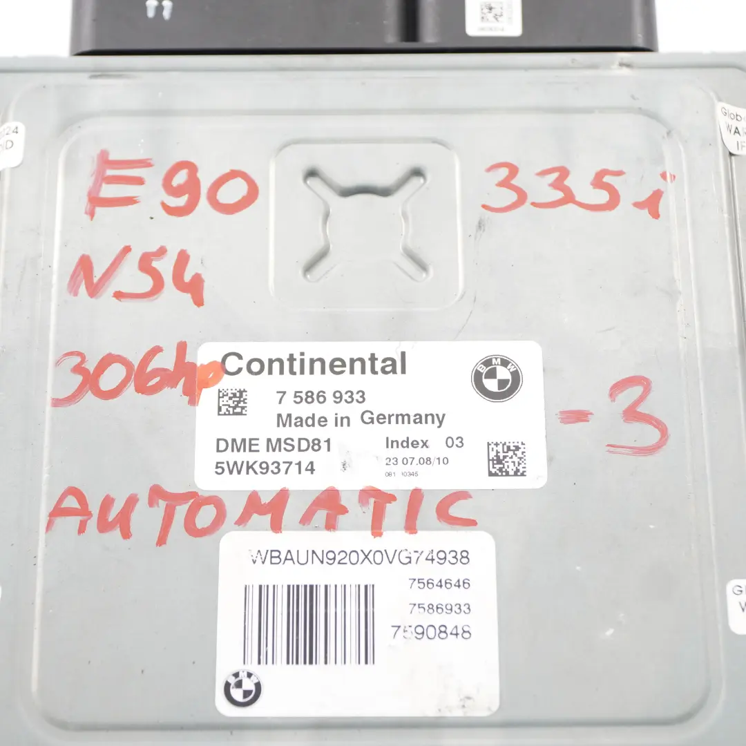 N54 306HP ECU Engine Unit Module DME Automatic BMW E90 E92 335i Petrol - SKU 7586933-3 - Part number 7586933