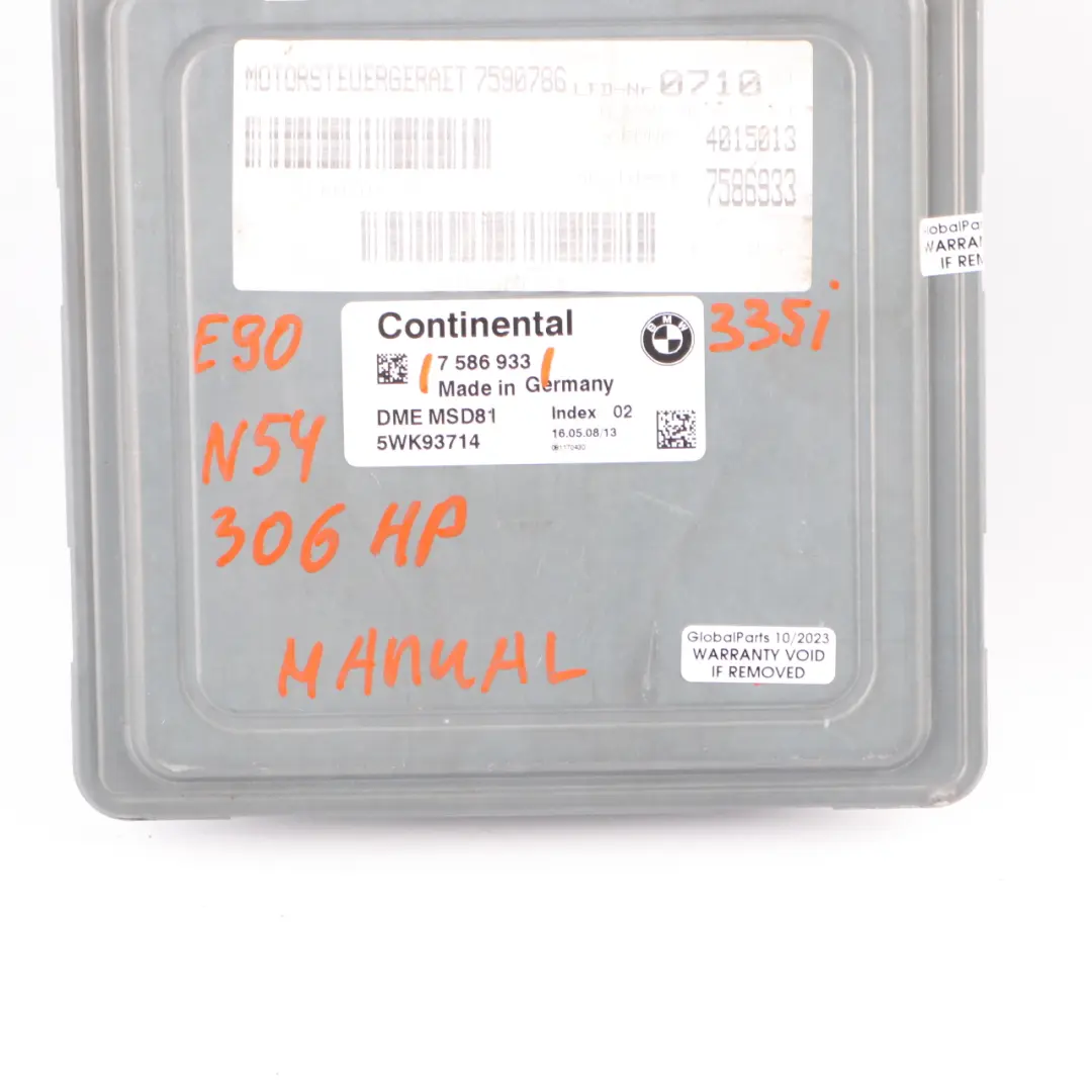 N54 ECU Engine Control Unit Module DME Manual to BMW E90 E92 335i Petrol with Part number 7586933 BMW E90 E92 335i Petrol N54 ECU Engine Control Unit Module DME Manual - SKU 7586933 - Part number 7586933