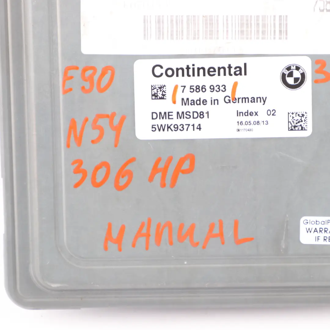 N54 ECU Engine Control Unit Module DME Manual to BMW E90 E92 335i Petrol with Part number 7586933 BMW E90 E92 335i Petrol N54 ECU Engine Control Unit Module DME Manual - SKU 7586933 - Part number 7586933