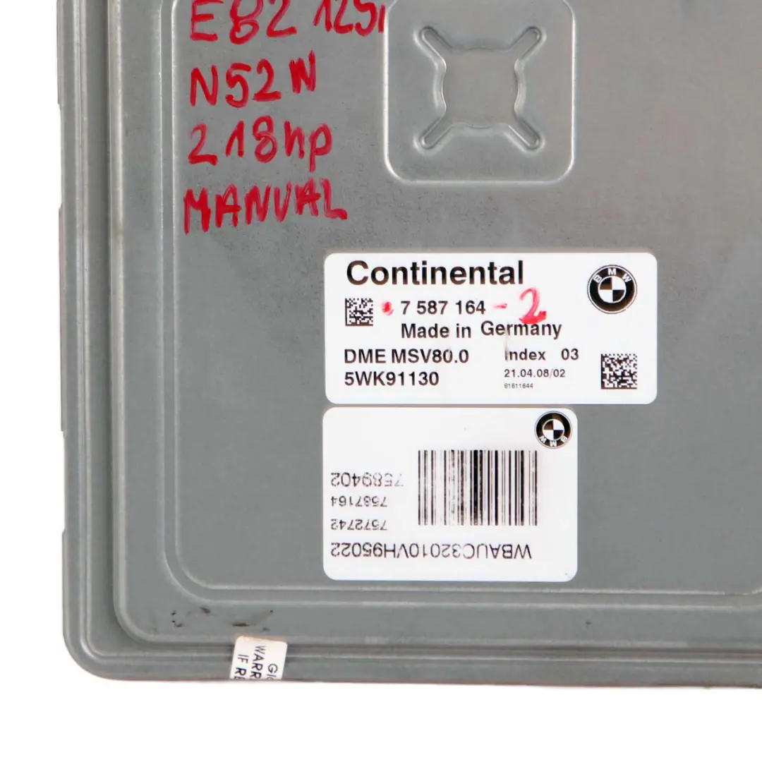 BMW E82 E88 Cabrio 125i N52N 218HP ECU Kit DME CAS3 Clave Manual - SKU 7587164-2 - Número de pieza 7587164