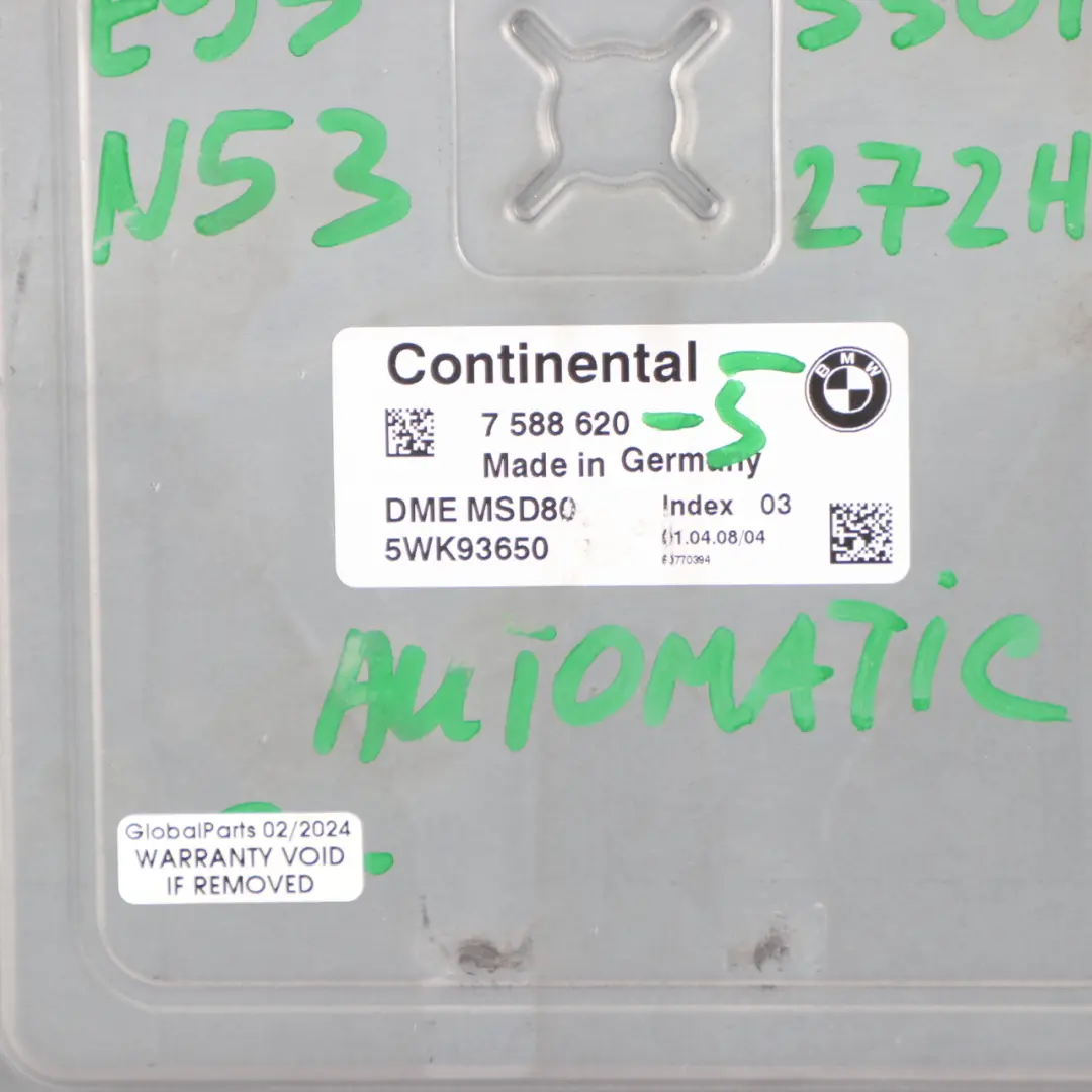 N53 272HP ECU Engine Control Module DME Automatic to BMW E60 E90 330i 530i with Part number 7588620 BMW E60 E90 330i 530i N53 272HP ECU Engine Control Module DME Automatic - SKU 7588620-5 - Part number 7588620