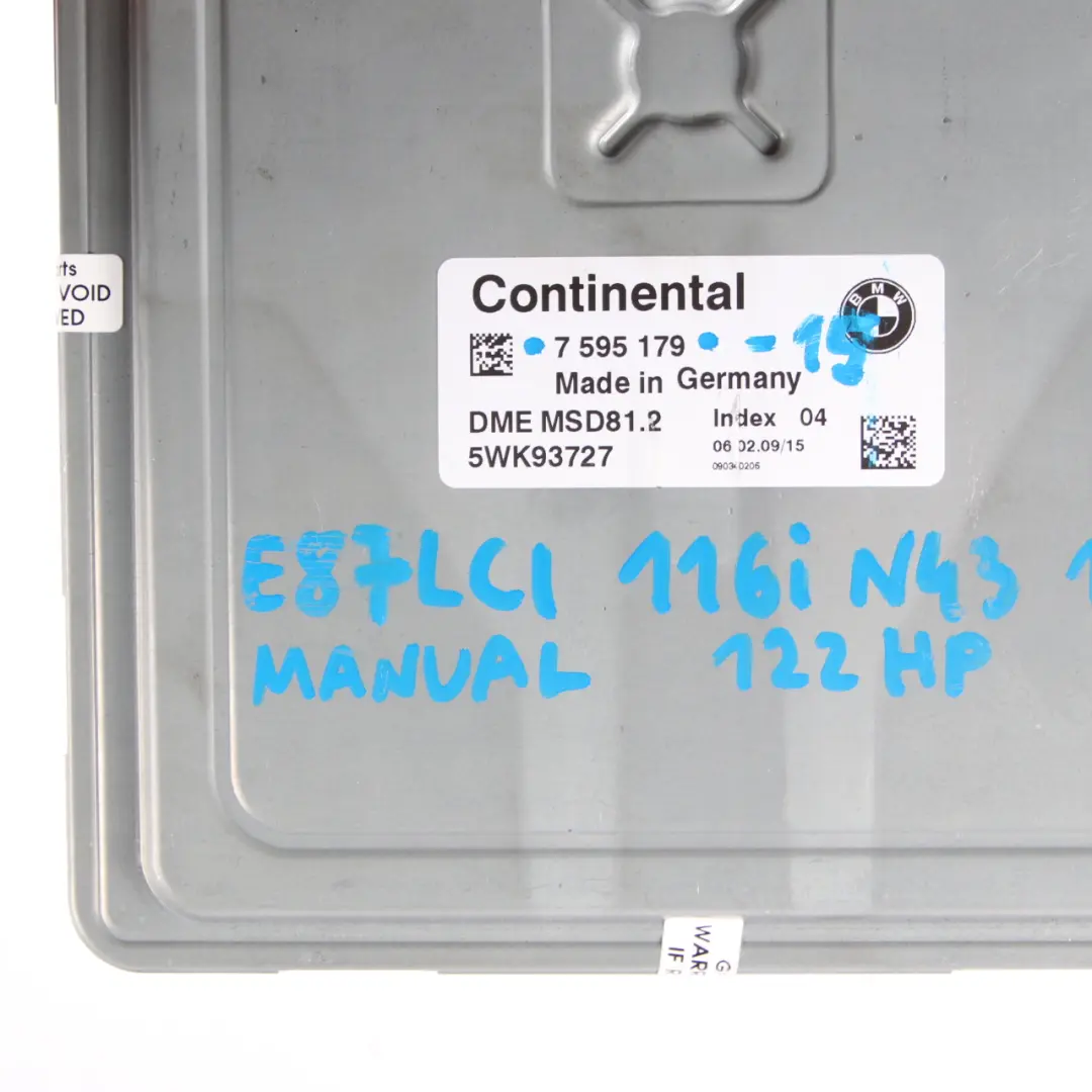 BMW E81 E87 LCI N43 116i 1.6 122HP ECU Control Unit Kit DME CAS3 + Key - SKU 7595179-15 - Part number 7595179