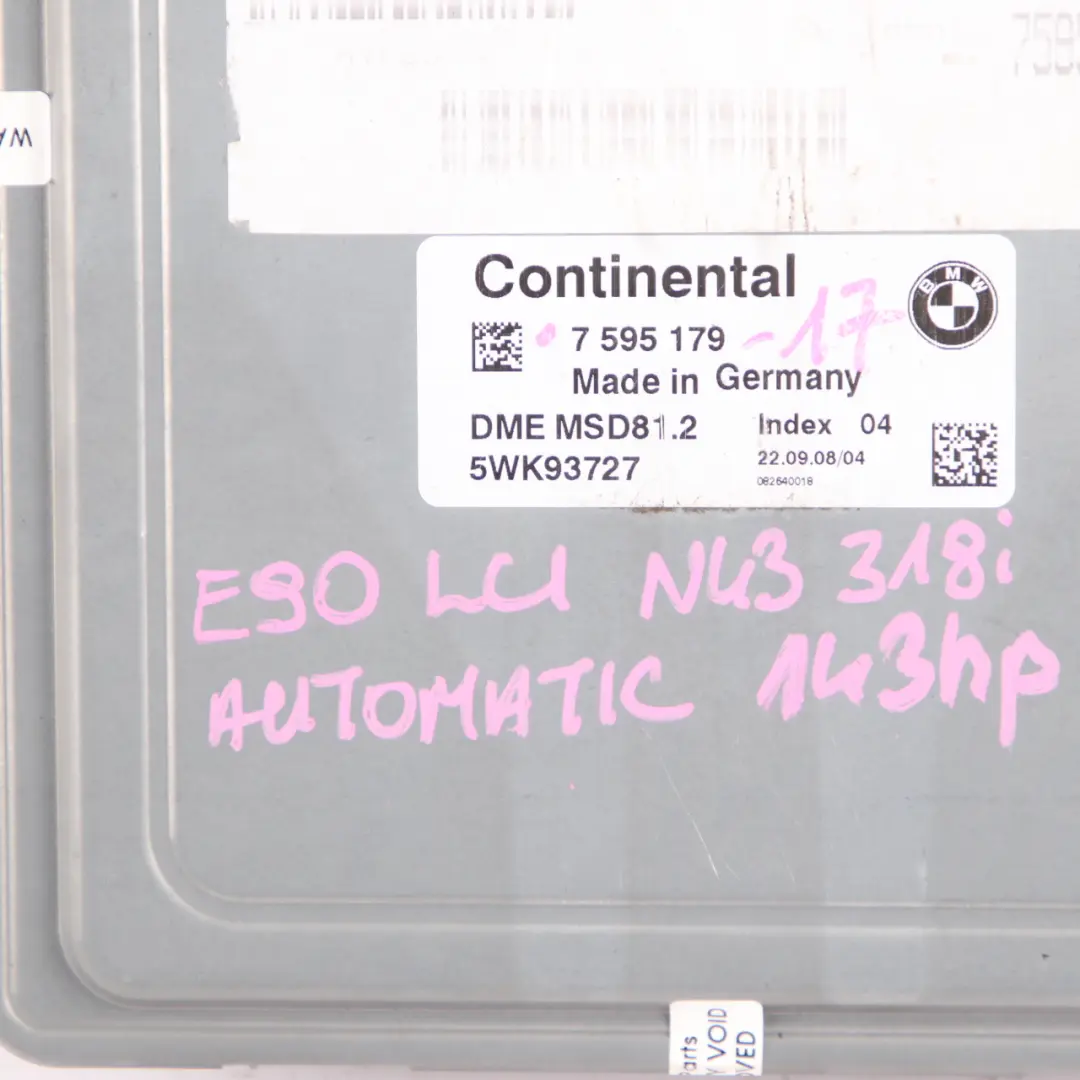 N43 118i ECU Control Unit Kit DME 7595179 CAS3 + Key Automatic to BMW E87 LCI E90 with Part number 7599881 BMW E87 LCI E90 N43 118i ECU Control Unit Kit DME 7595179 CAS3 + Key Automatic - SKU 7595179-17 - Part number 7599881