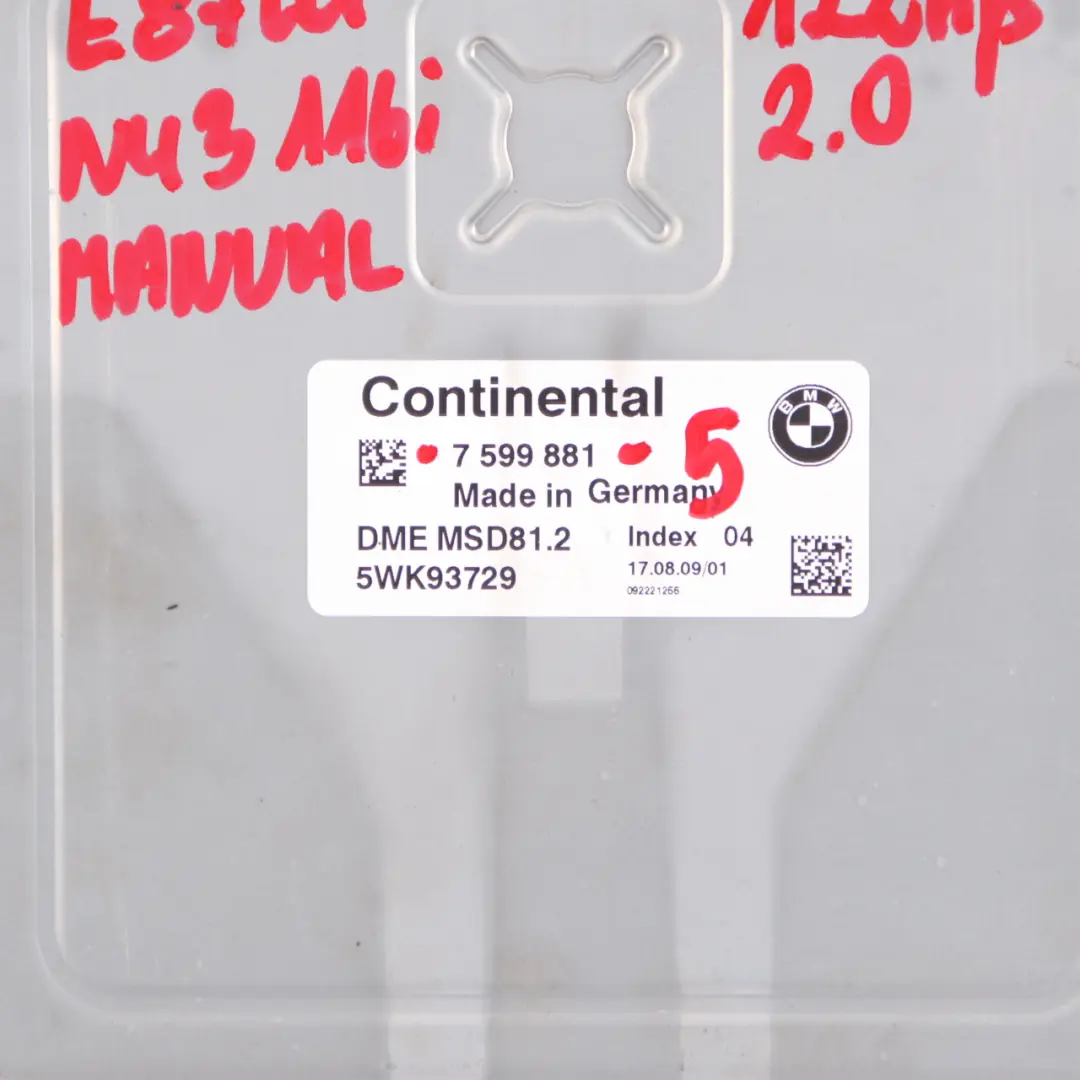 BMW E87 LCI 116i 2.0 Motor Gasolina N43 Kit ECU DME CAS3 Clave Manual - SKU 7599881-5 - Número de pieza 7599881