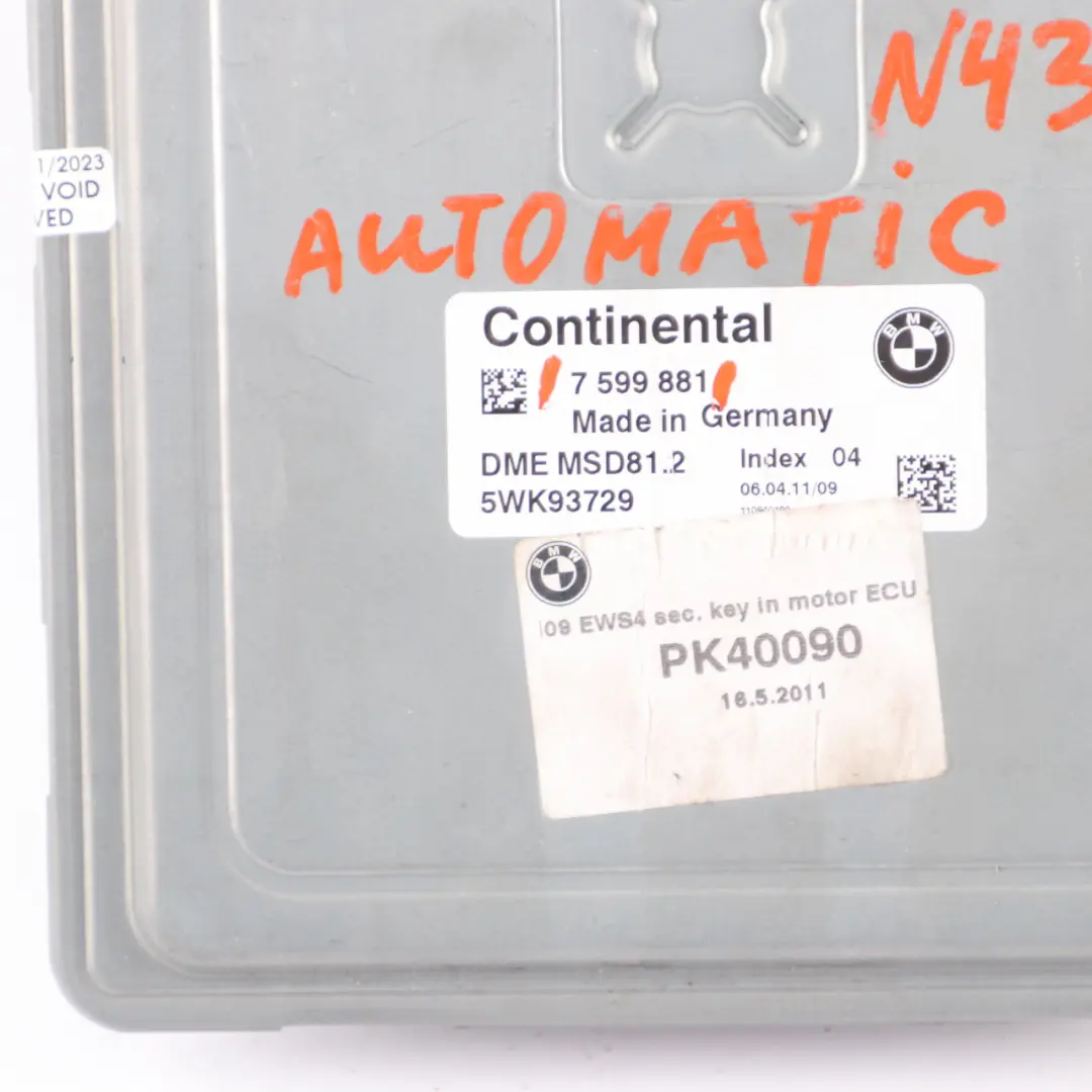 N43 120i 320i 170HP Engine Unit ECU DME Automatic to BMW E87 LCI E90 E91 with Part number 7599881 BMW E87 LCI E90 E91 N43 120i 320i 170HP Engine Unit ECU DME Automatic - SKU 7599881 - Part number 7599881