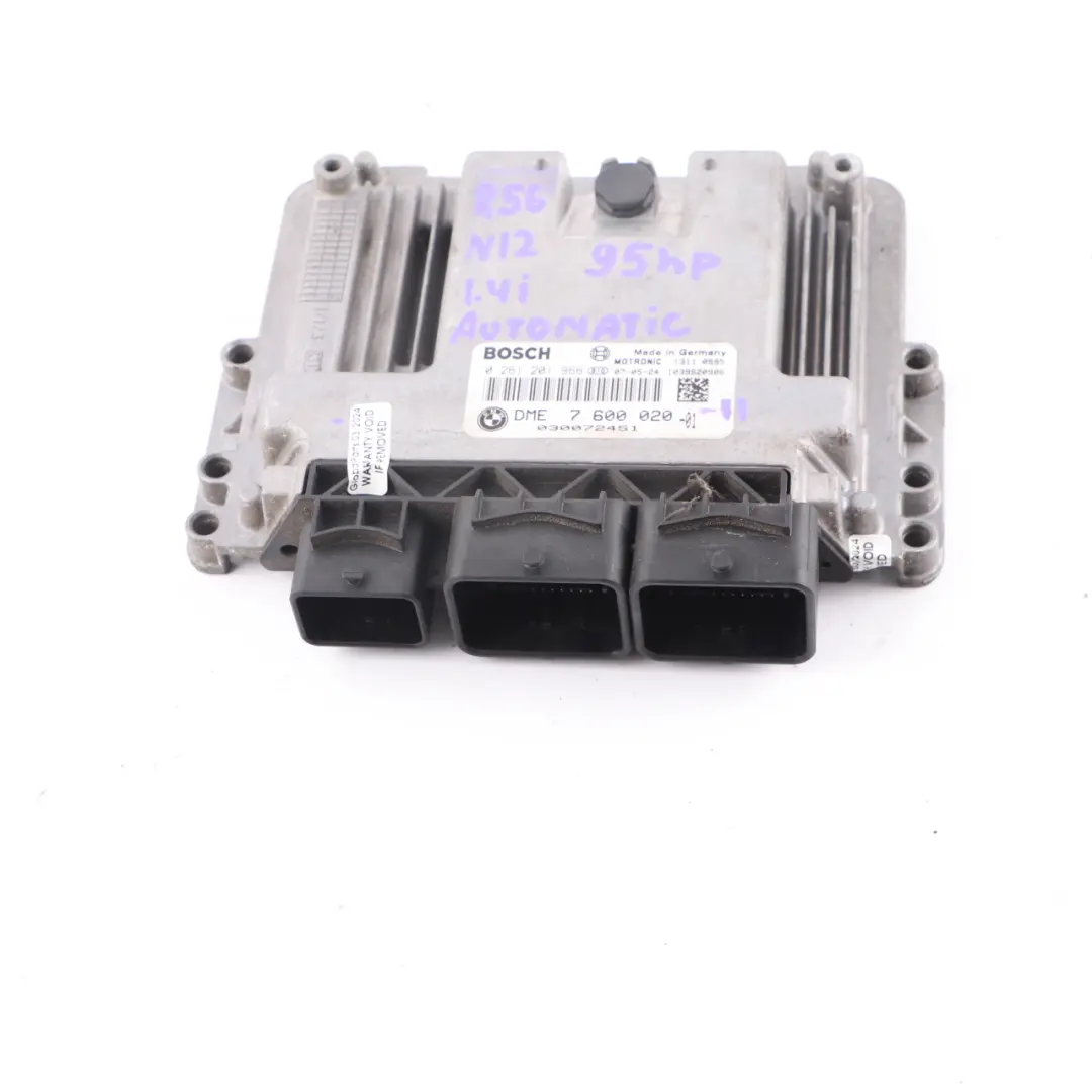 Mini One R56 N12 1.4 95HP Engine Unit Module ECU DME Automatic - SKU 7600020-11 - Numéro de pièce 7600020