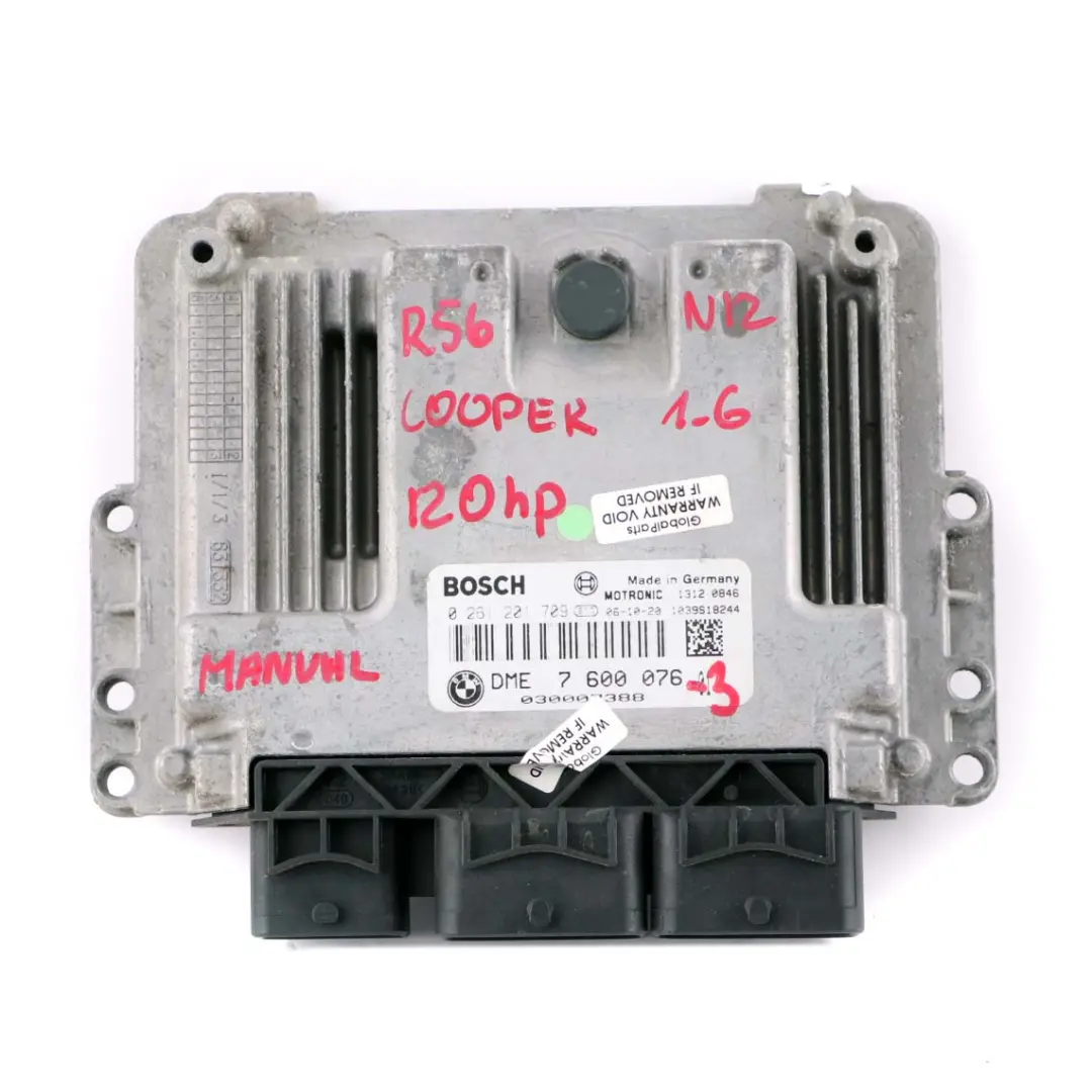 Mini Cooper R55 R56 N12 1.6 120HP ECU Kit DME CAS3 Key Manual - SKU 7600076-3 - Part number 7600076