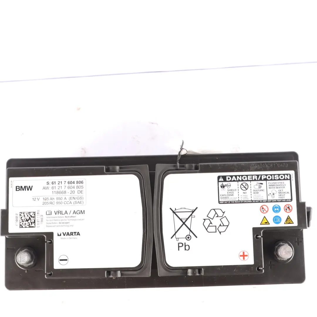 Varta VRLA / AGM 12V Accumulator Battery 105Ah 950A to BMW with Part number 7604806 BMW Varta VRLA / AGM 12V Accumulator Battery 105Ah 950A - SKU 7604806 - Part number 7604806