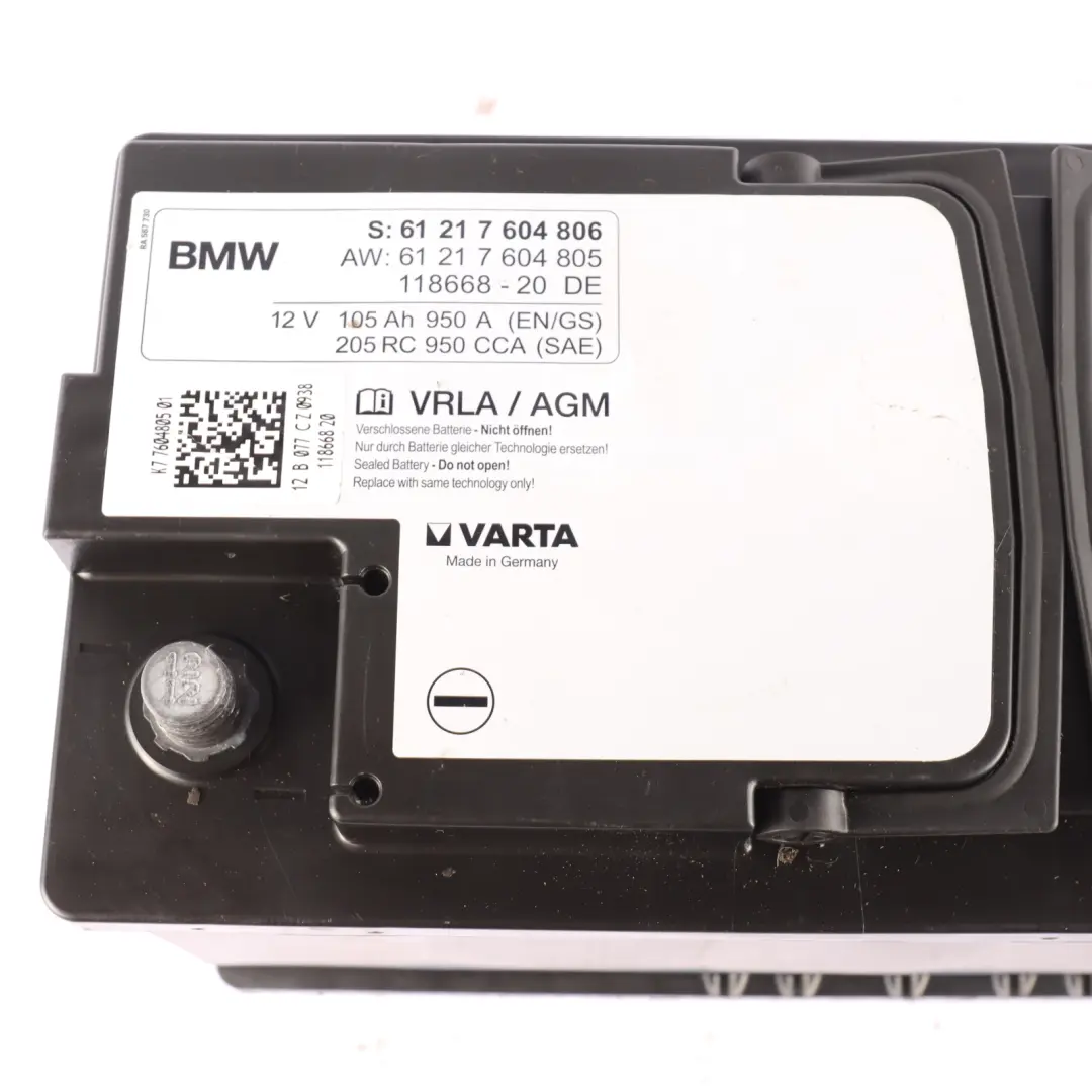 Varta VRLA / AGM 12V Accumulator Battery 105Ah 950A to BMW with Part number 7604806 BMW Varta VRLA / AGM 12V Accumulator Battery 105Ah 950A - SKU 7604806 - Part number 7604806