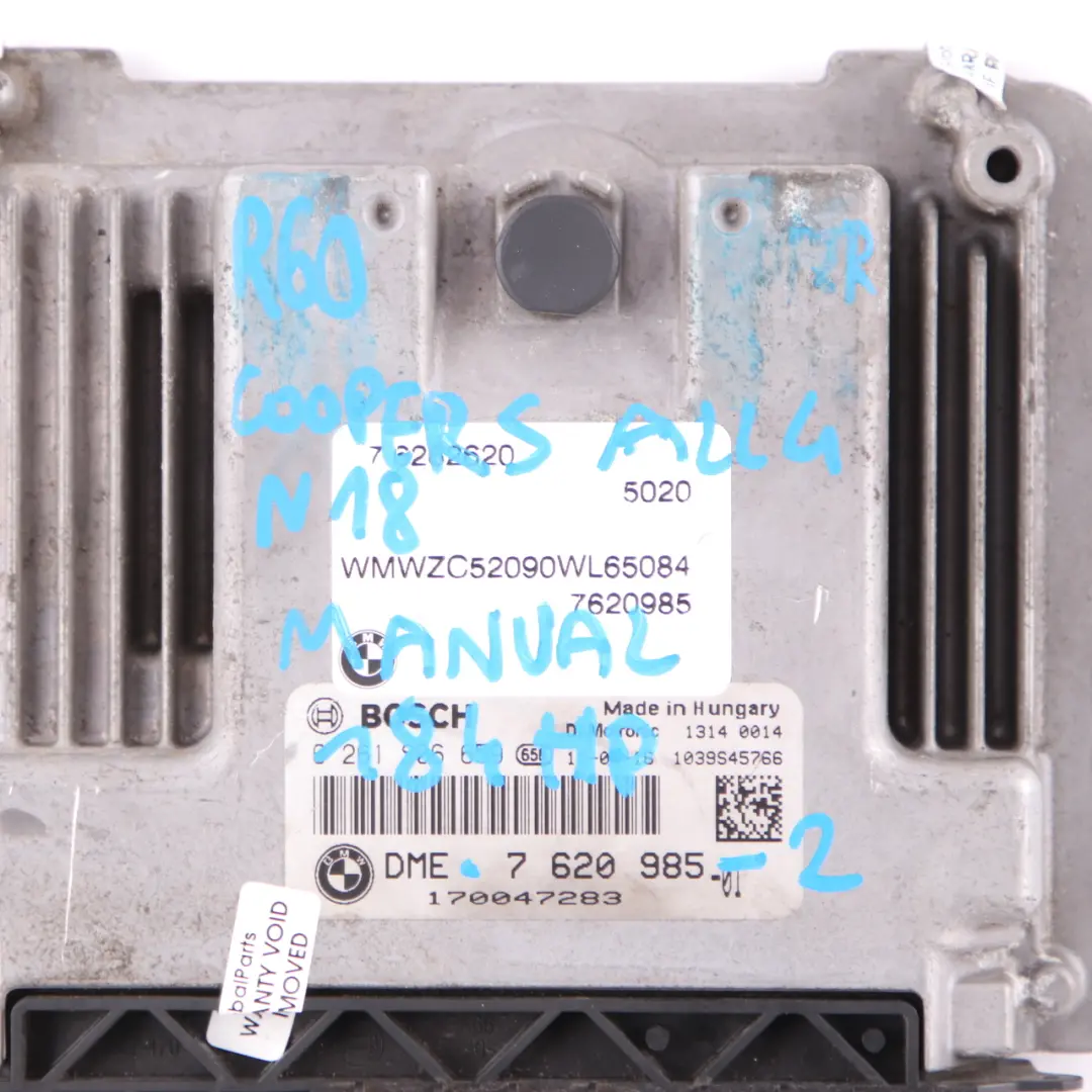 Mini Cooper S R60 ALL4 N18 1.6 184HP Contrôle moteur ECU Unit DME Manual - SKU 7620985-2 - Numéro de pièce 7620985