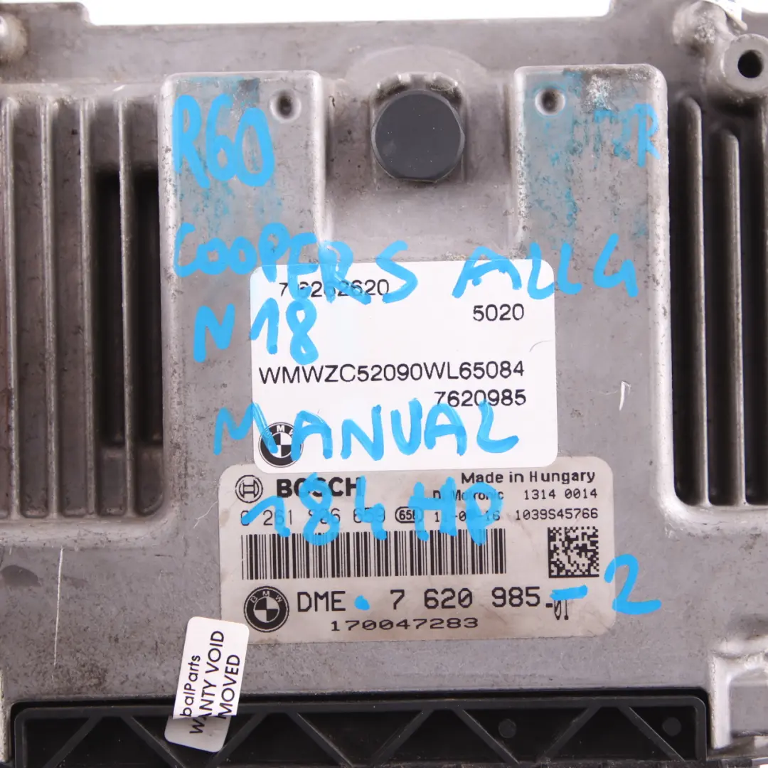 184CV Unidad Control Motor ECU DME Manual para Mini Cooper S R60 ALL4 N18 1.6 con número de pieza 7620985 Mini Cooper S R60 ALL4 N18 1.6 184CV Unidad Control Motor ECU DME Manual - SKU 7620985-2 - Número de pieza 7620985