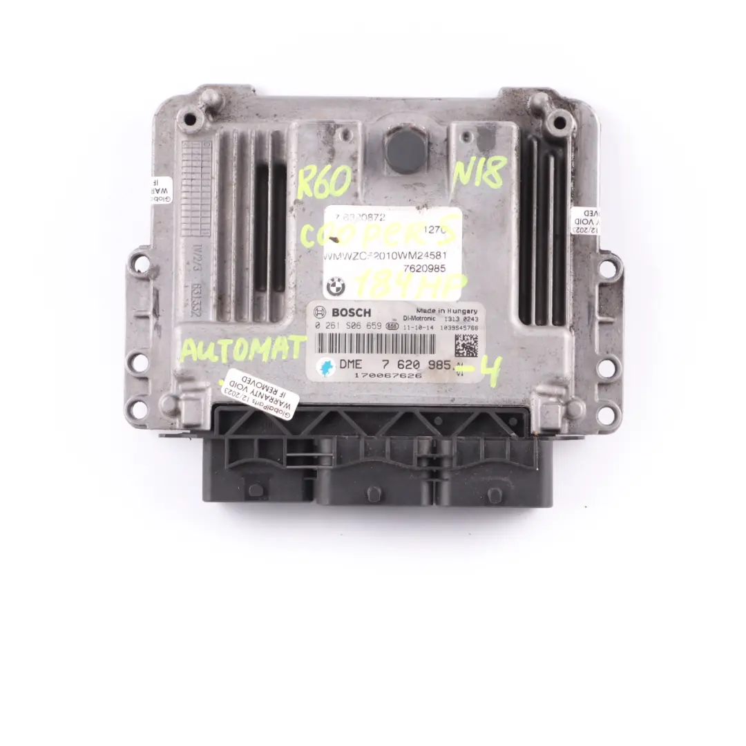 184HP Engine Unit ECU DME Automatic to Mini Cooper S R56 LCI R60 N18 1.6 with Part number 7620985 Mini Cooper S R56 LCI R60 N18 1.6 184HP Engine Unit ECU DME Automatic - SKU 7620985-4 - Part number 7620985