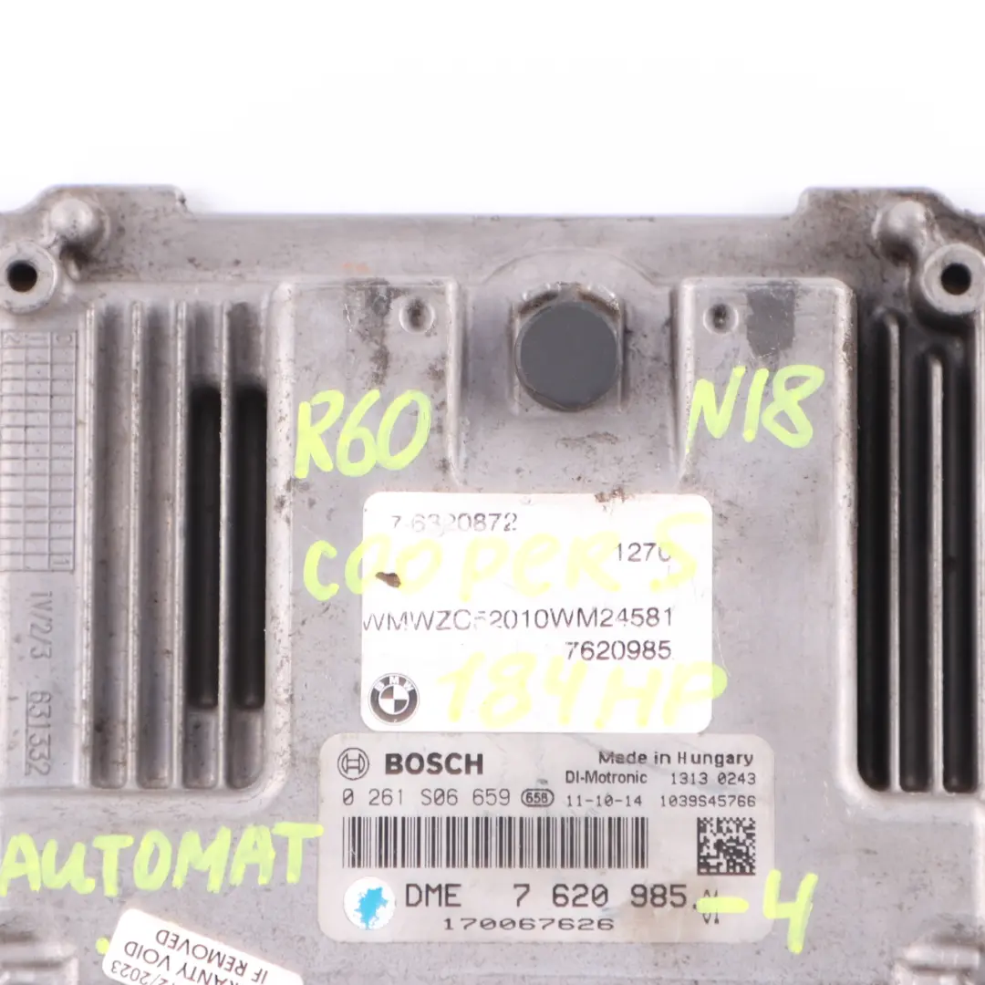 184HP Engine Unit ECU DME Automatic to Mini Cooper S R56 LCI R60 N18 1.6 with Part number 7620985 Mini Cooper S R56 LCI R60 N18 1.6 184HP Engine Unit ECU DME Automatic - SKU 7620985-4 - Part number 7620985