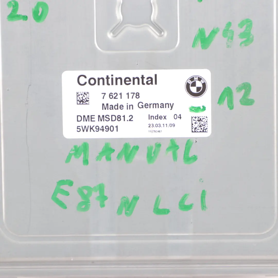 N43 116i 316i 2.0 122 HP Engine Unit ECU DME Manual to BMW E81 E87 LCI E90 with Part number 7621178 BMW E81 E87 LCI E90 N43 116i 316i 2.0 122 HP Engine Unit ECU DME Manual - SKU 7621178-12 - Part number 7621178