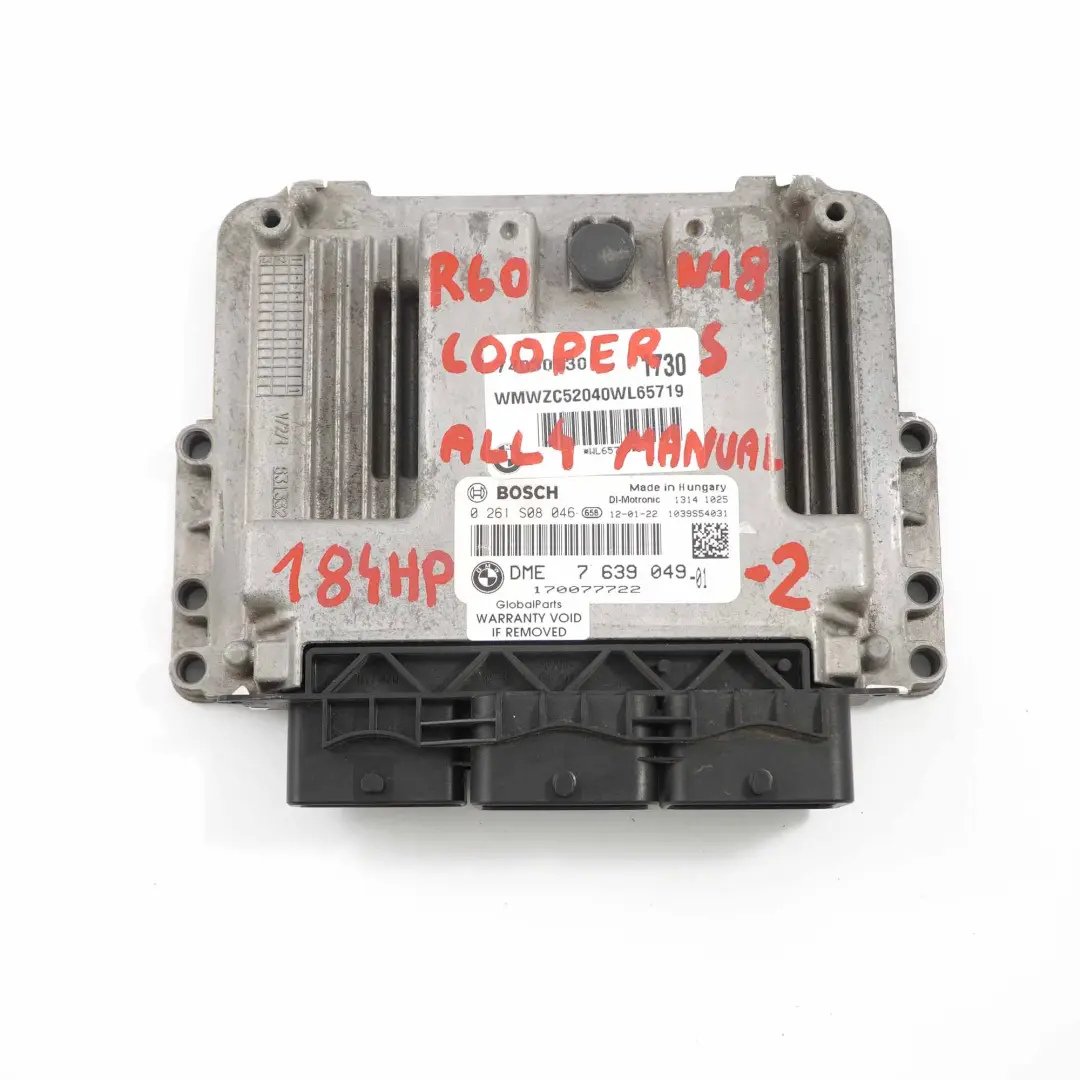 Mini Cooper S ALL4 R60 N18 Engine Unit ECU Kit DME CAS 3 Key Manual - SKU 7639049-2 - Part number 7639049