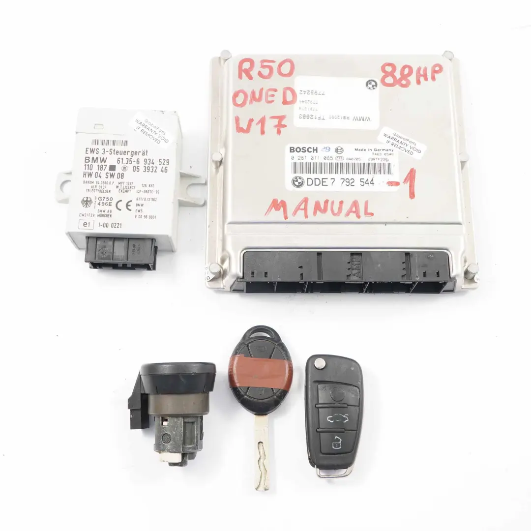 W17 88HP Motore ECU Kit DDE + EWS + Chiavi Manuale per Mini One D R50 Diesel con numero di parte 7792544 Mini One D R50 Diesel W17 88HP Motore ECU Kit DDE + EWS + Chiavi Manuale - SKU 7792544-1 - Numero di parte 7792544