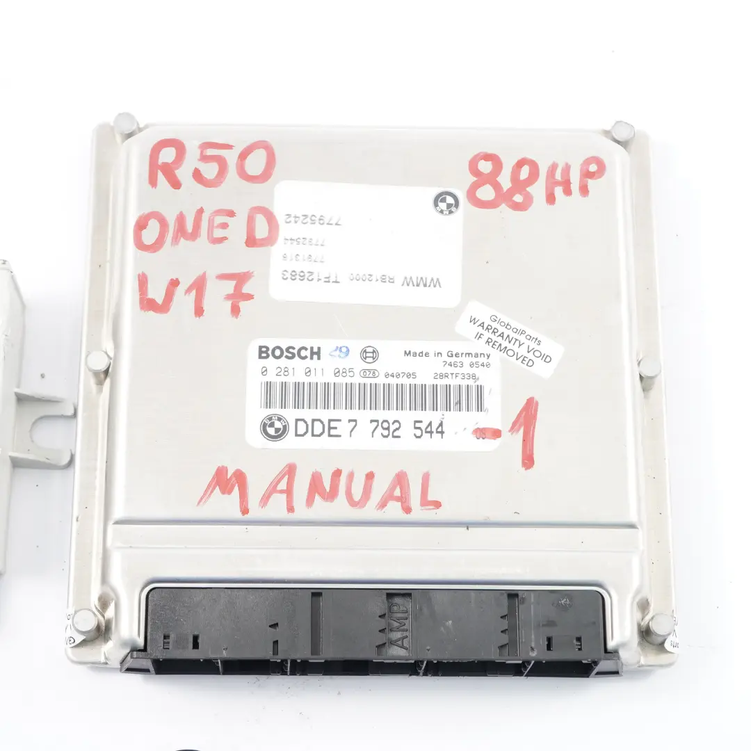 W17 88HP Motore ECU Kit DDE + EWS + Chiavi Manuale per Mini One D R50 Diesel con numero di parte 7792544 Mini One D R50 Diesel W17 88HP Motore ECU Kit DDE + EWS + Chiavi Manuale - SKU 7792544-1 - Numero di parte 7792544