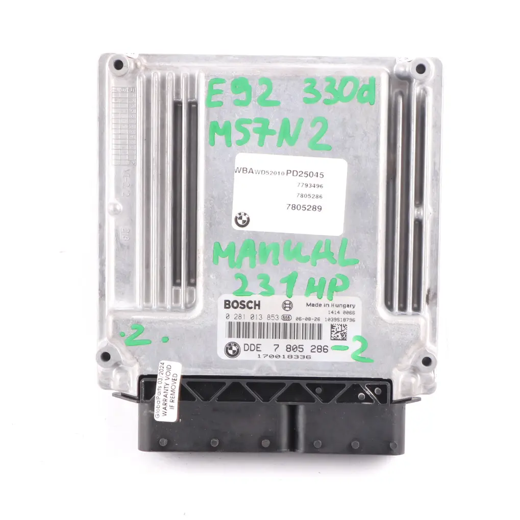 BMW E92 E93 330d M57N2 231HP Engine ECU Kit DDE + CAS3 + Key Manual - SKU 7805286-2 - Part number 7805286