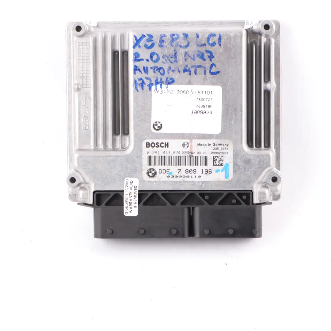 BMW X3 E83 LCI 2.0d N47 Engine ECU Module Kit DDE + EWS + Key Automatic - SKU 7809196-2 - Part number 7809196