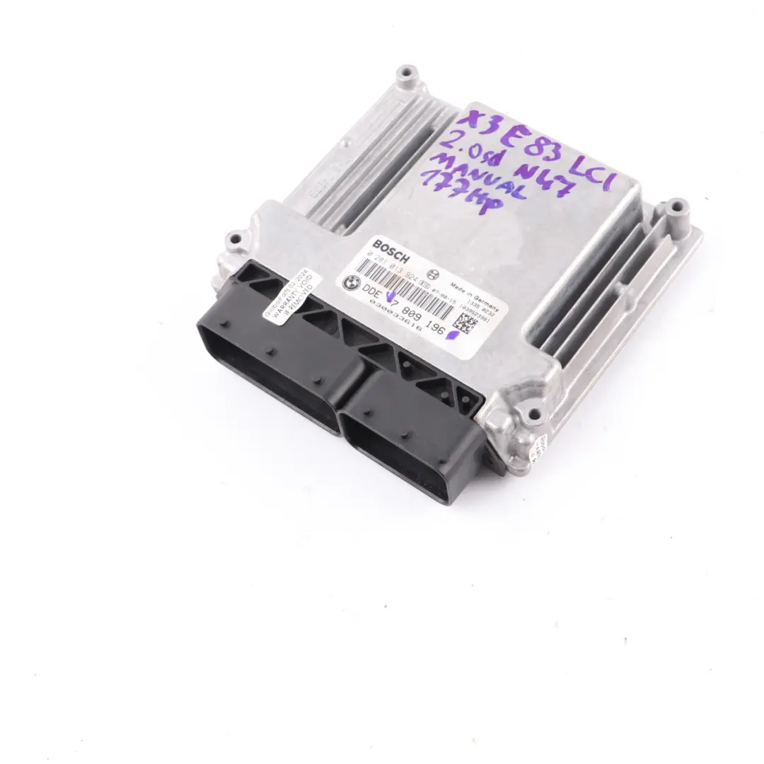 BMW X3 E83 LCI 2.0D N47 177HP Motor ECU Control Unit Module DDE - SKU 7809196 - Número de pieza 7809196