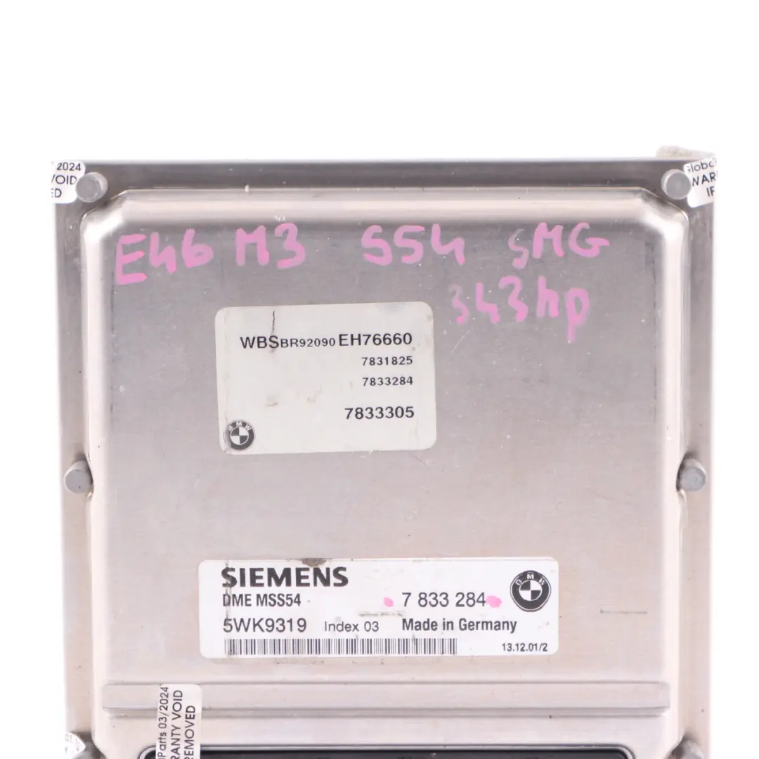 S54 343HP Engine Control Unit Module ECU DME SMG to BMW E46 M3 with Part number 7833284 BMW E46 M3 S54 343HP Engine Control Unit Module ECU DME SMG - SKU 7833284 - Part number 7833284