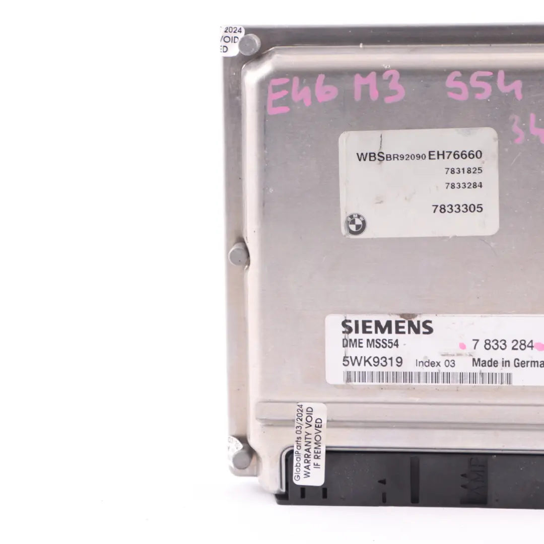 S54 343HP Engine Control Unit Module ECU DME SMG to BMW E46 M3 with Part number 7833284 BMW E46 M3 S54 343HP Engine Control Unit Module ECU DME SMG - SKU 7833284 - Part number 7833284