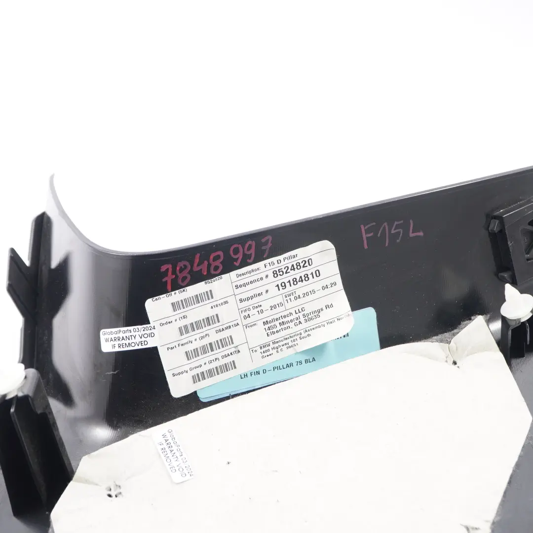 Trim Pillar-D Interior Ventana Cubierta Marco Superior Izquierda Negro para BMW F15 con número de pieza 7848997 BMW F15 Trim Pillar-D Interior Ventana Cubierta Marco Superior Izquierda Negro - SKU 7848997 - Número de pieza 7848997