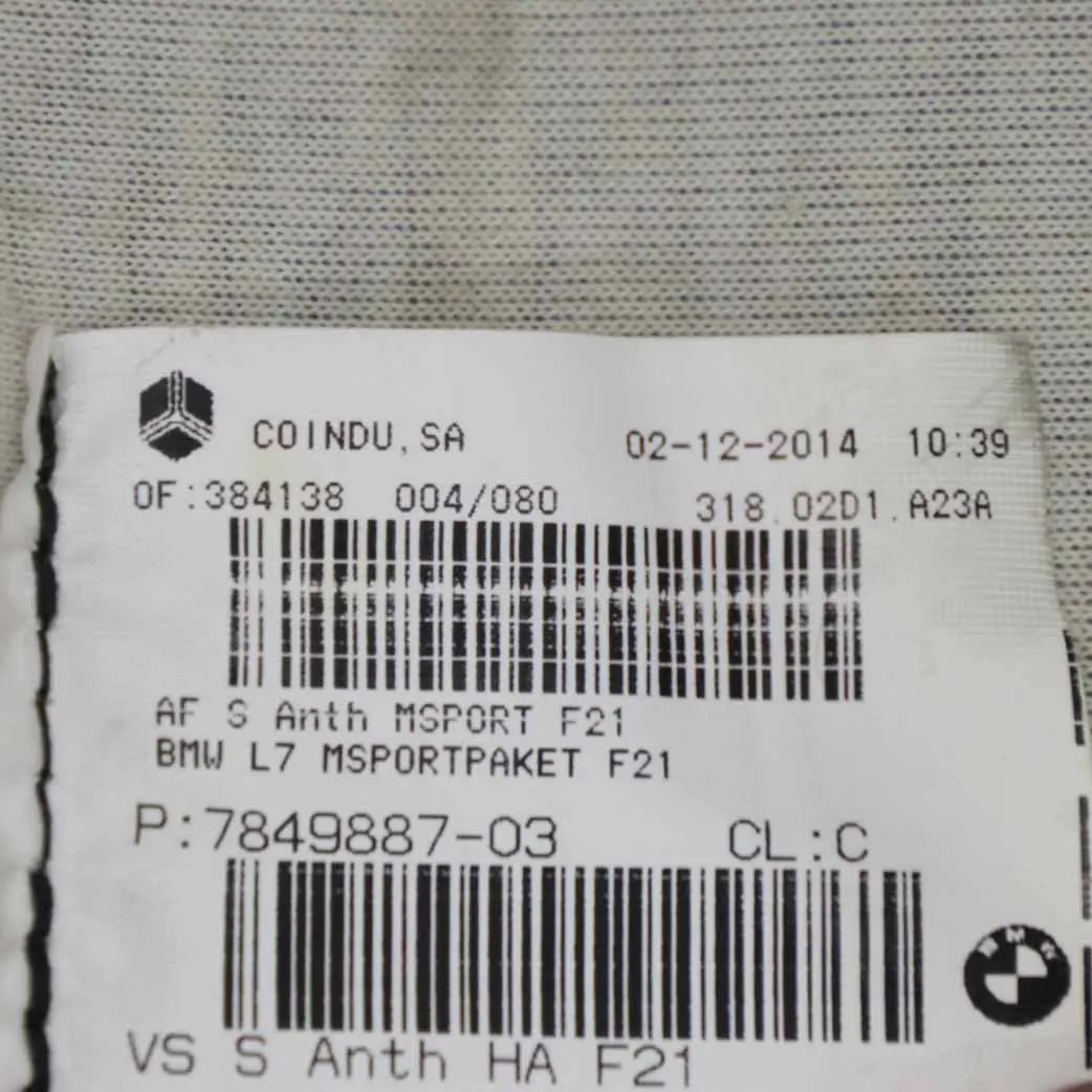 Coprisedile Sportivo Anteriore Sinistro Destro Tessuto Antracite per BMW F21 F22 con numero di parte 7849887 BMW F21 F22 Coprisedile Sportivo Anteriore Sinistro Destro Tessuto Antracite - SKU 7849887 - Numero di parte 7849887