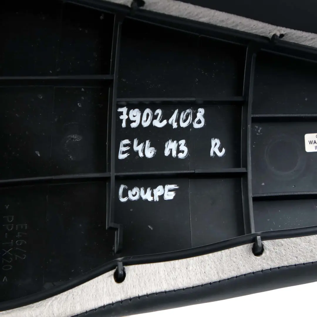 Left N/S Lateral Finisher Panel Leather Anthracite to BMW E46 M3 Coupe Rear Seat with Part number 7902107 BMW E46 M3 Coupe Rear Seat Left N/S Lateral Finisher Panel Leather Anthracite - SKU 7902107 - Part number 7902107