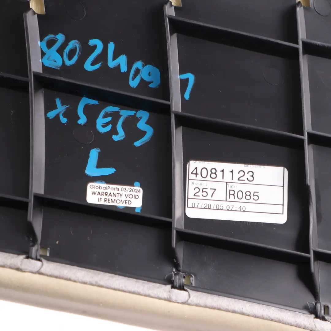 Left Seat N/S Lateral Side Panel Cover Leather Walknappa Ecru to BMW X5 E53 Rear with Part number 8024091 BMW X5 E53 Rear Left Seat N/S Lateral Side Panel Cover Leather Walknappa Ecru - SKU 8024091 - Part number 8024091