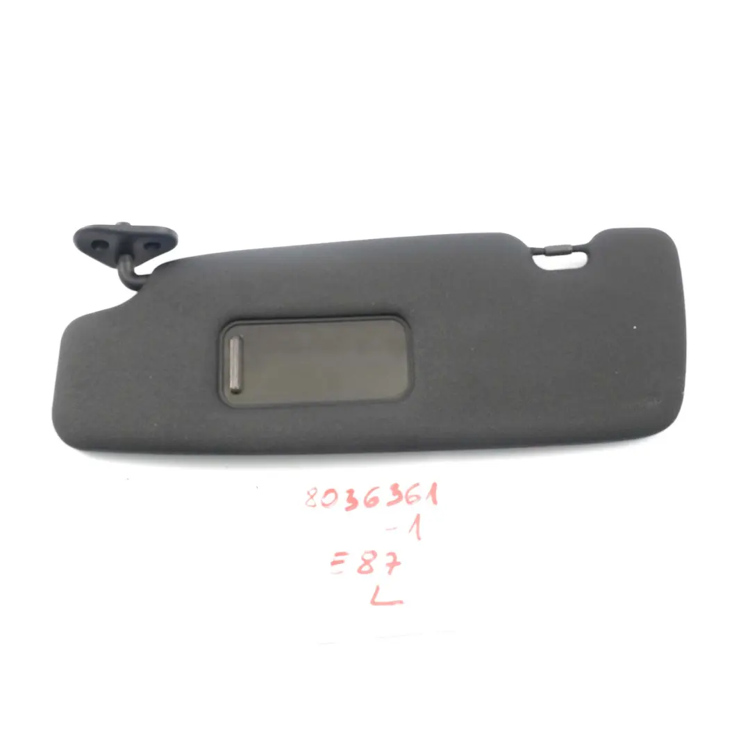 Sun Visor BMW E81 E82 E87 With Mirror Trim Panel Left Black N/S to with Part number 8036361 Sun Visor BMW E81 E82 E87 With Mirror Trim Panel Left Black N/S - SKU 8036361-1 - Part number 8036361
