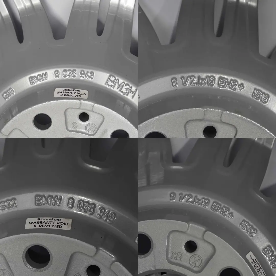 Set Complete 4x Wheel Rim 19" 8,5J / 9,5J M Double Spoke 172 to BMW E60 Silver with Part number 8036948/8036949 BMW E60 Silver Set Complete 4x Wheel Rim 19" 8,5J / 9,5J M Double Spoke 172 - SKU 8036948/8036949-1 - Part number 8036948/8036949