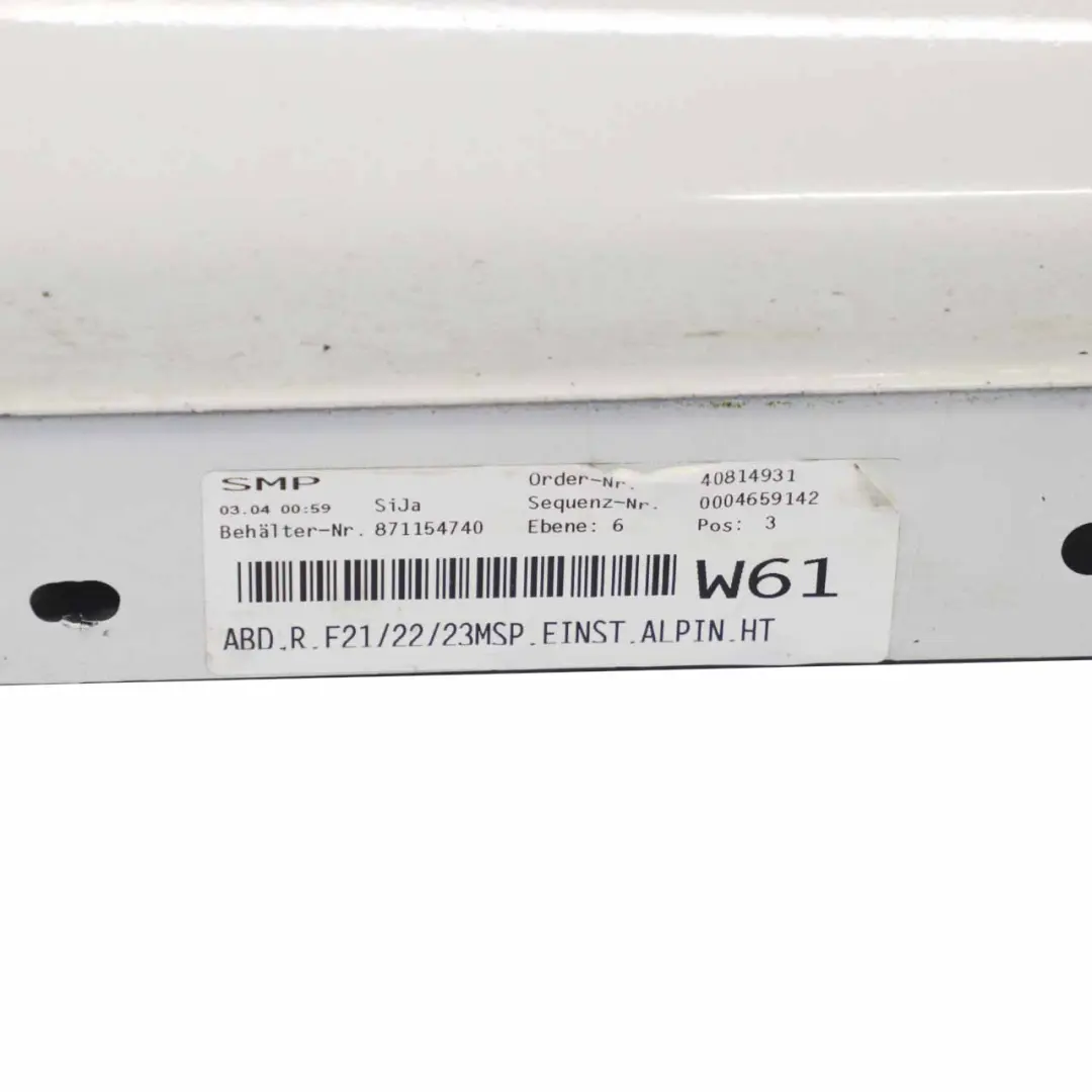 Sill Strip Side Skirt Right O/S Alpinweiss Alpine White 300 to BMW F21 F22 M Sport with Part number 8056818 BMW F21 F22 M Sport Sill Strip Side Skirt Right O/S Alpinweiss Alpine White 300 - SKU 8056818-AW - Part number 8056818