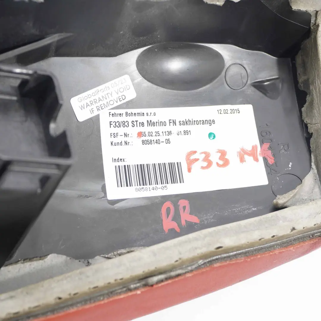 Finitura sedile posteriore destro Rivestimento pelle Arancione per BMW F83 M4 con numero di parte 8058140 BMW F83 M4 Finitura sedile posteriore destro Rivestimento pelle Arancione - SKU 8058140 - Numero di parte 8058140