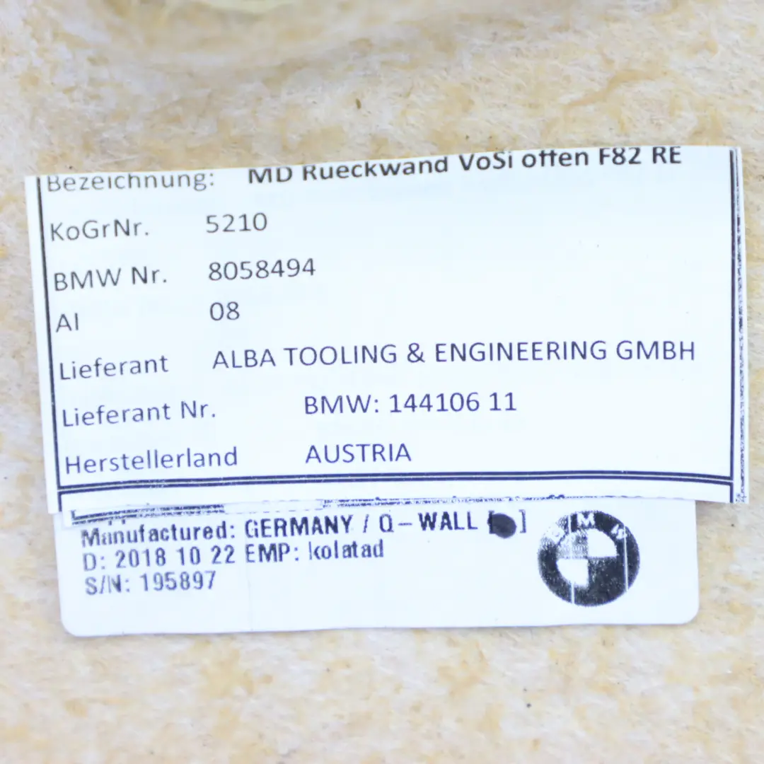 BMW F82 M4 Przedni Fotel Osłona Tylna Panel Wykończenie Prawe - SKU 8058494 - Numer Części 8058494