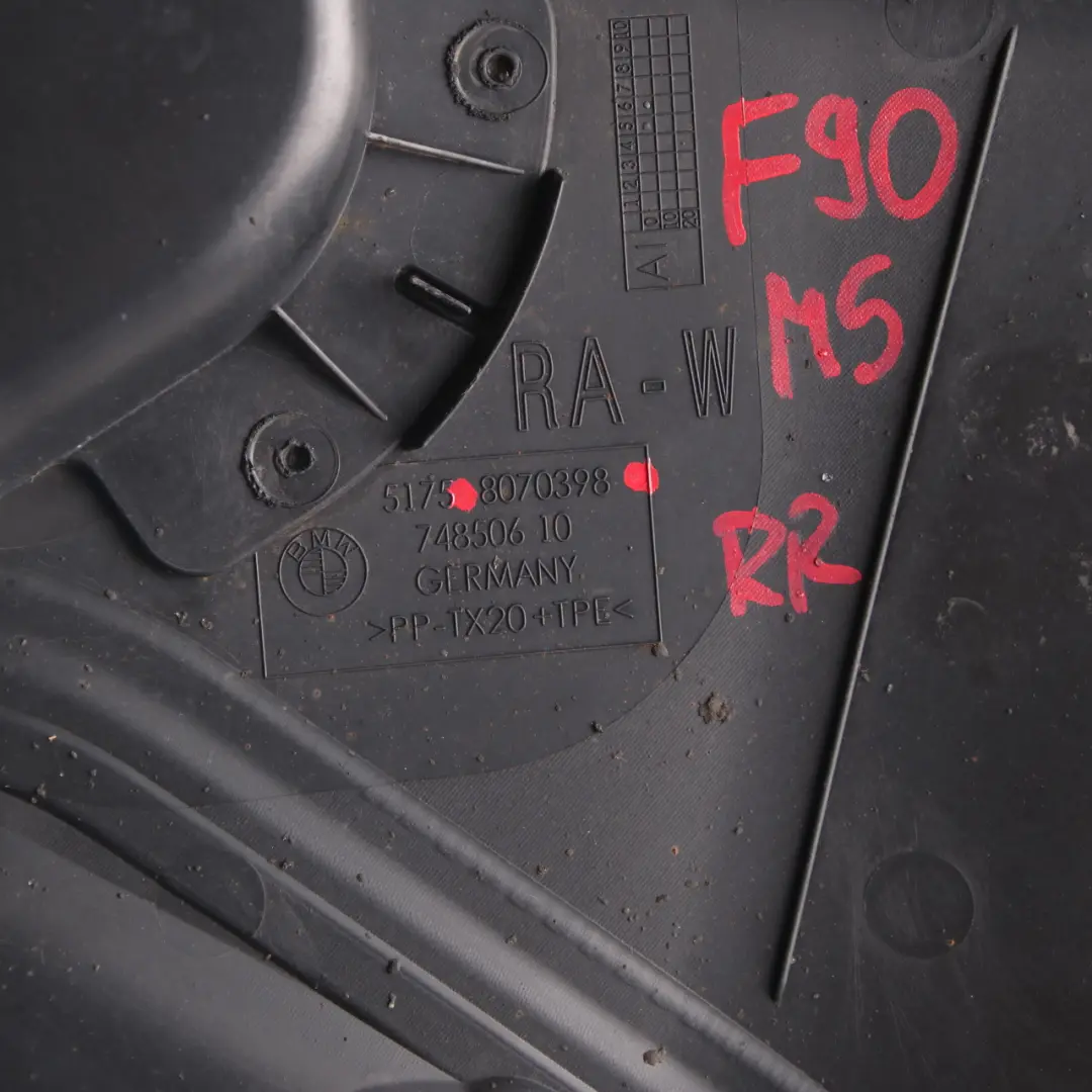 Underbody Panelling Trim Panel Cover Rear Right O/S to BMW F90 M5 with Part number 8070398 BMW F90 M5 Underbody Panelling Trim Panel Cover Rear Right O/S - SKU 8070398 - Part number 8070398