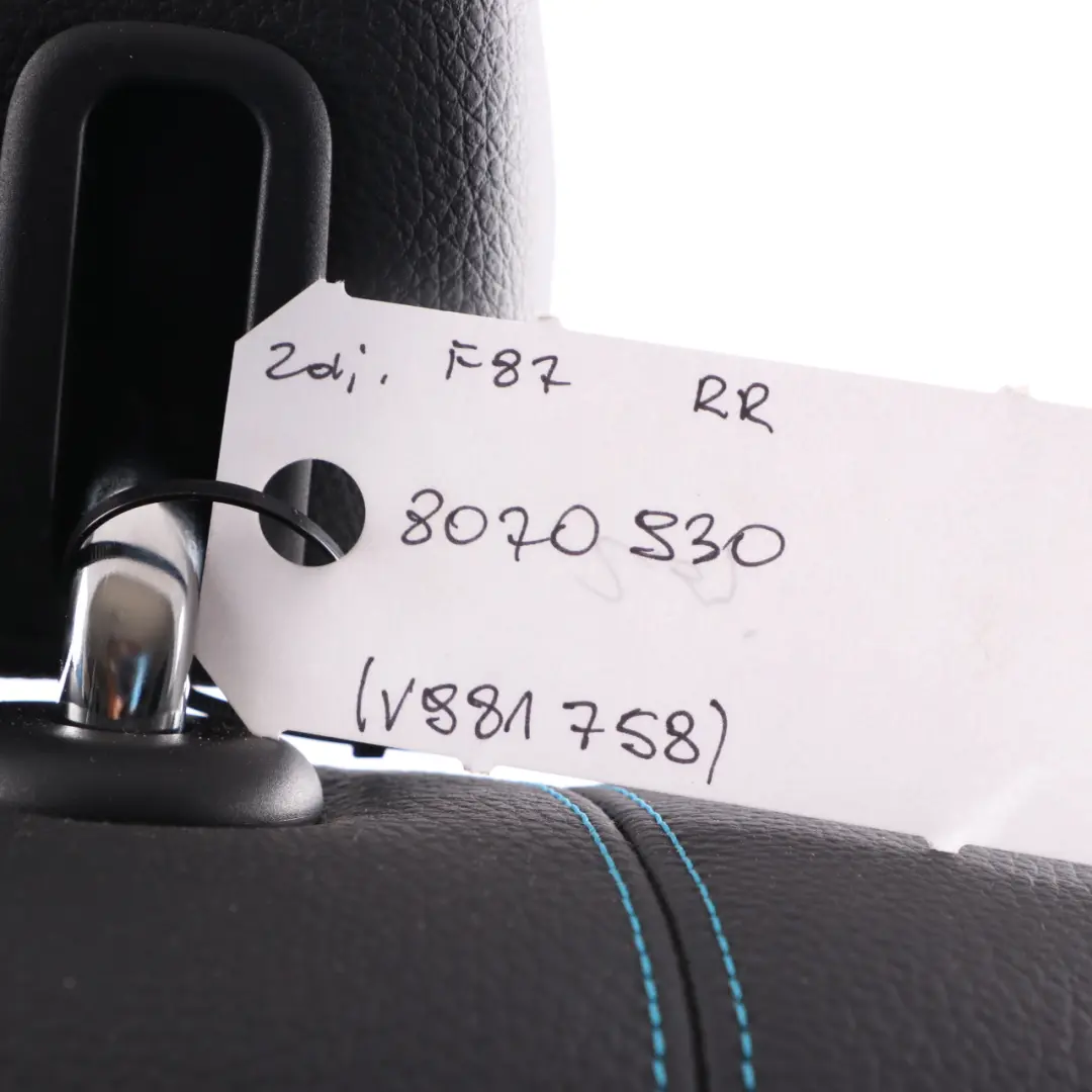 Couvre dossier du siège arrière droit Tissu Cuir Noir Bleu pour BMW F87 M2 à propos du numéro de pièce 8070930 BMW F87 M2 Couvre dossier du siège arrière droit Tissu Cuir Noir Bleu - SKU 8070930 - Numéro de pièce 8070930