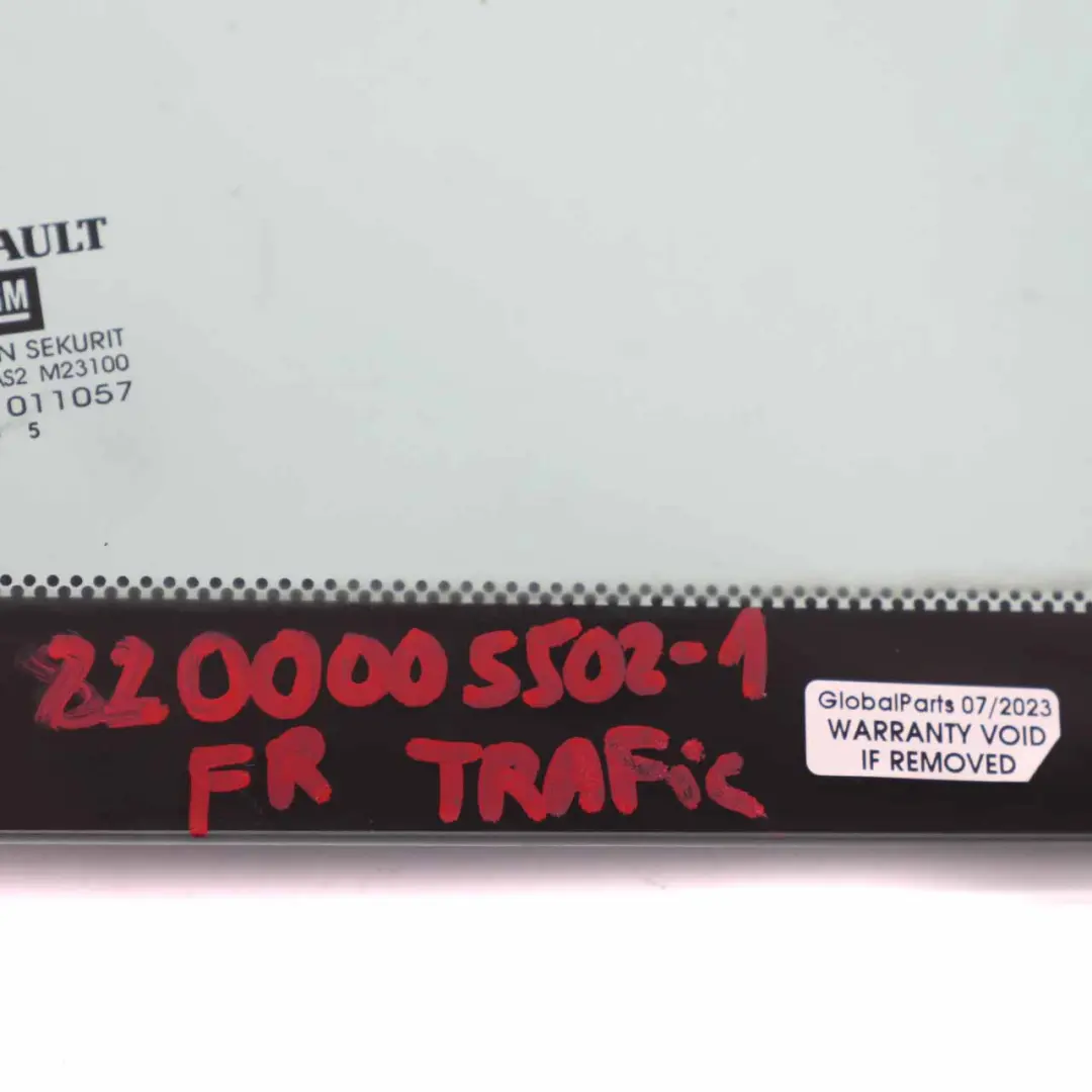 Cristal Puerta Delantera Derecha AS2 para Renault Trafic Vivaro con número de pieza 8200005502 Renault Trafic Vivaro Cristal Puerta Delantera Derecha AS2 - SKU 8200005502-1 - Número de pieza 8200005502