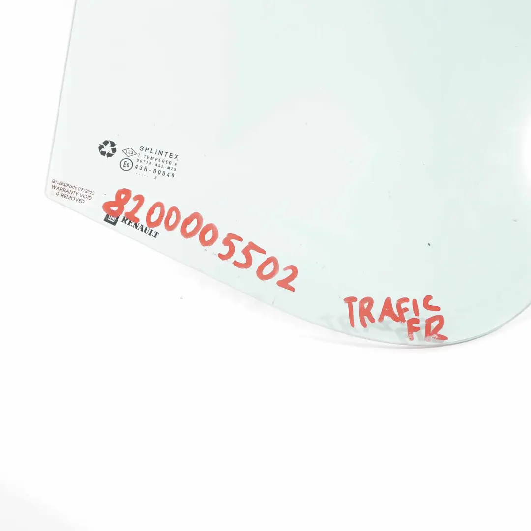 Szyba Drzwi Prawy Przód do Renault Trafic Opel Vivaro o numerze 8200005502 Renault Trafic Opel Vivaro Szyba Drzwi Prawy Przód - SKU 8200005502 - Numer Części 8200005502