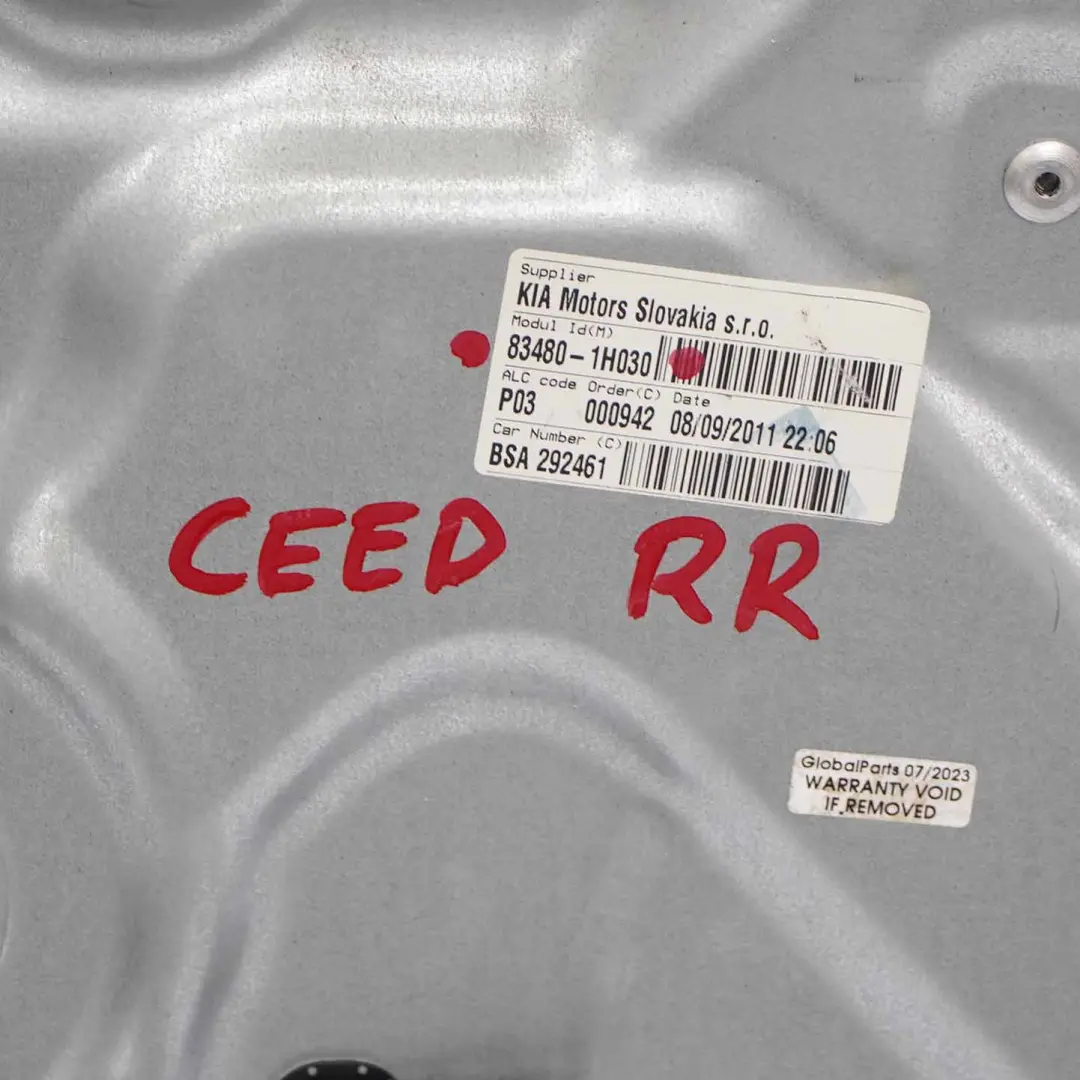 Window Lifter Rear Door Right O/S Regulator Mechanism to Kia Ceed I with Part number 83480-1H030 Kia Ceed I Window Lifter Rear Door Right O/S Regulator Mechanism - SKU 83480-1H030 - Part number 83480-1H030
