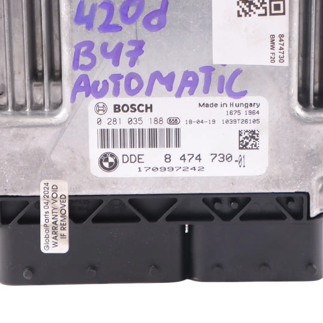 B47 190HP ECU DDE Automatic to BMW F20 F21 F30 F31 LCI 120d 320d Diesel with Part number 8474730 BMW F20 F21 F30 F31 LCI 120d 320d Diesel B47 190HP ECU DDE Automatic - SKU 8474730 - Part number 8474730